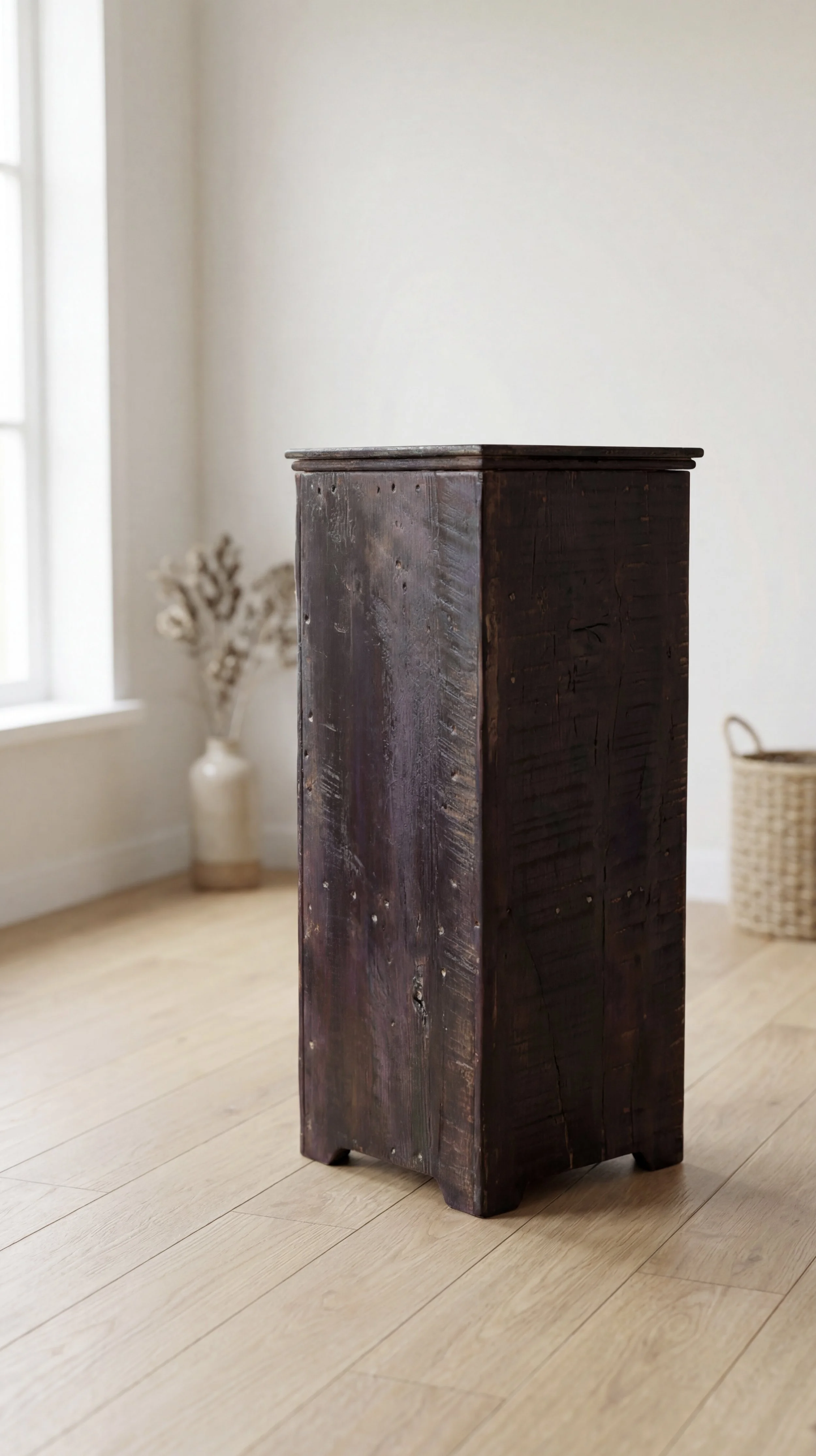 A tall, dark wooden cabinet with a rustic and distressed finish, standing on a light wood floor in a bright room with white walls and a window.