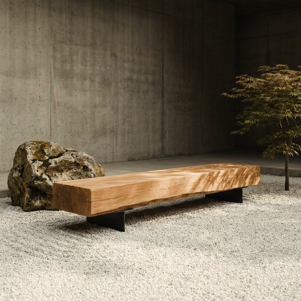 Minimalistic indoor space with a wooden bench, a large mossy rock, and a small tree on a light-colored gravel surface against a concrete wall.