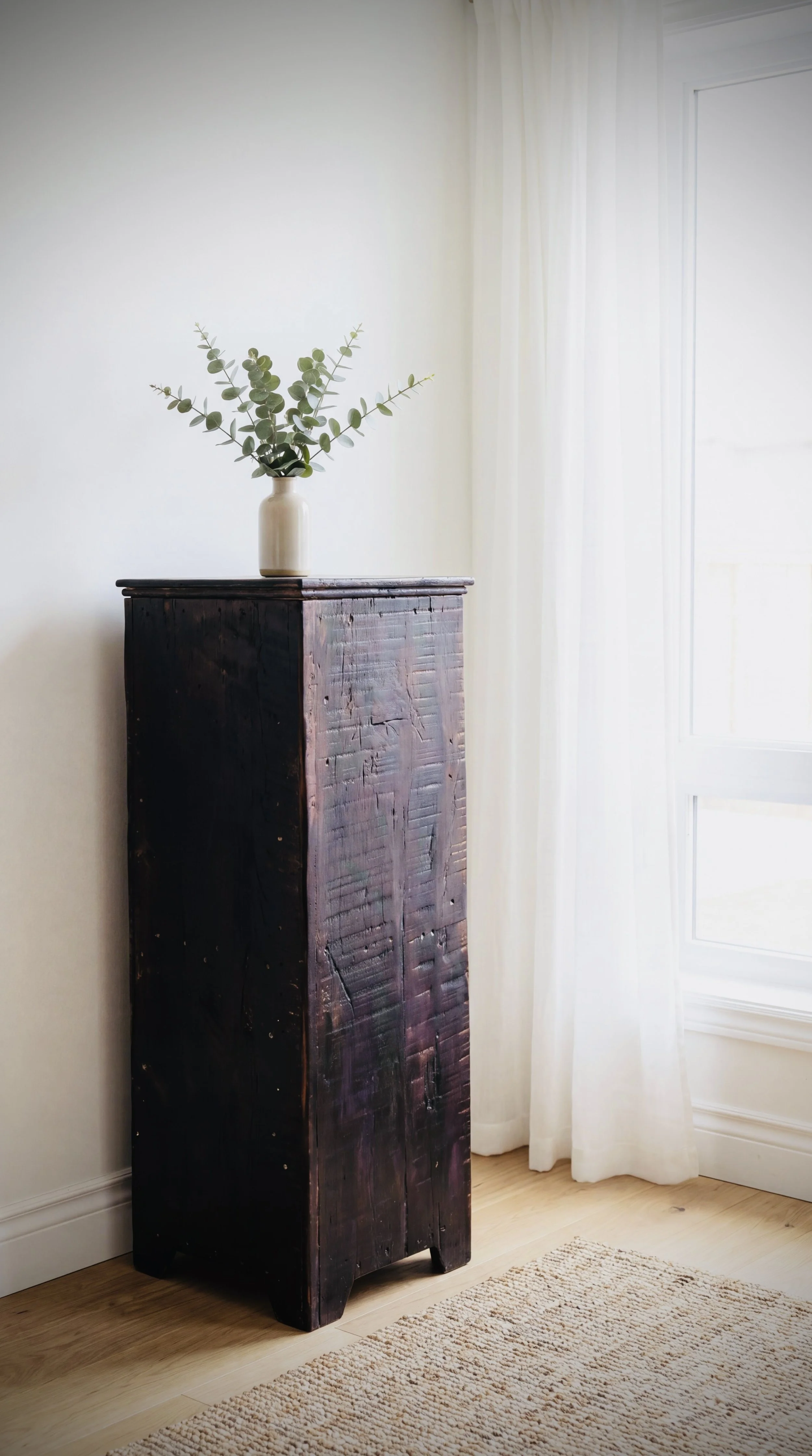 A dark wooden cabinet with a rustic finish and simple design, standing on a light-colored wooden floor next to a cream-colored wall with a tall window and white sheer curtains. On top of the cabinet, there is a beige ceramic vase with a minimalist design, holding a sprig of round green eucalyptus leaves.