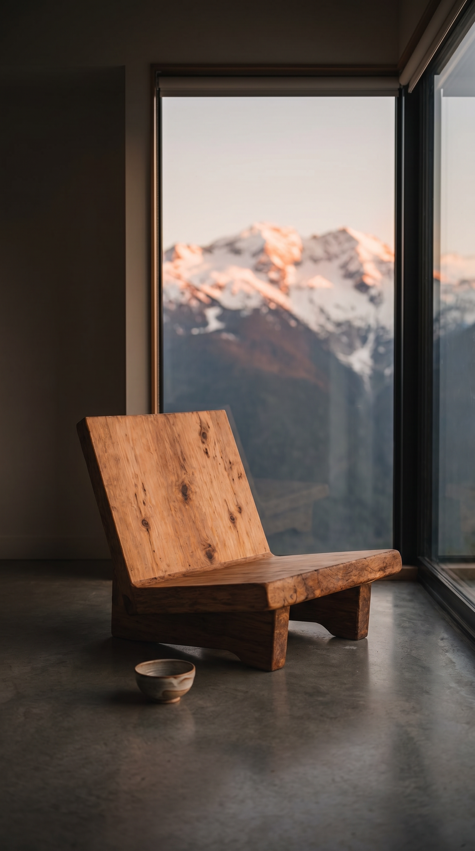 Minimalist interior with a wooden chair, a small ceramic bowl on a concrete floor, and mountain views through large glass windows.