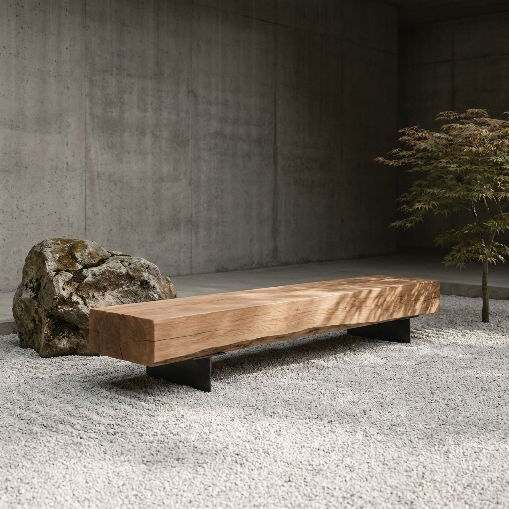 Minimalist outdoor space with a large wooden bench, a moss-covered rock, a small tree, and gravel ground, against a concrete wall.