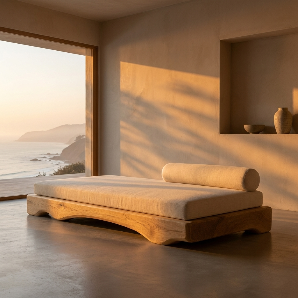 A minimalist room with a wooden daybed with beige cushions, overlooking an ocean view through a large window with a sunset casting warm light and shadows on the walls, and decorative pottery on a built-in wall shelf.
