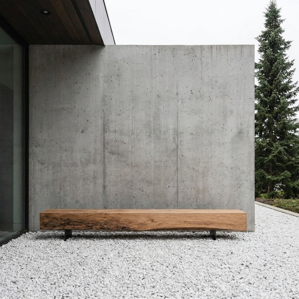 Modern minimalist outdoor scene with a concrete wall, wooden bench, and white gravel ground, with a tall evergreen tree in the background.