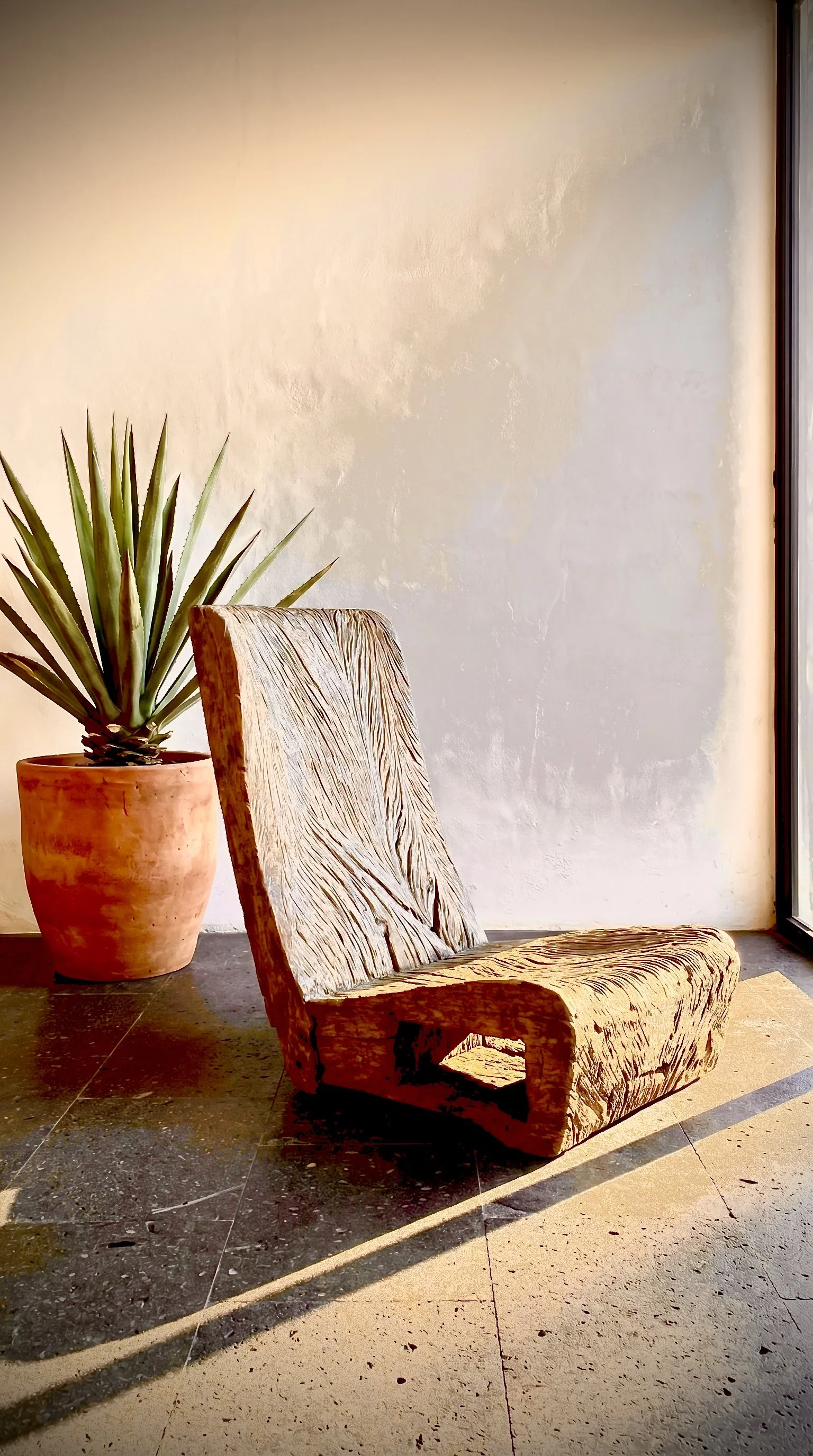 A wooden chair with a carved animal design, placed next to a large potted agave plant, in a modern interior with a plain wall and a floor with large tiles.