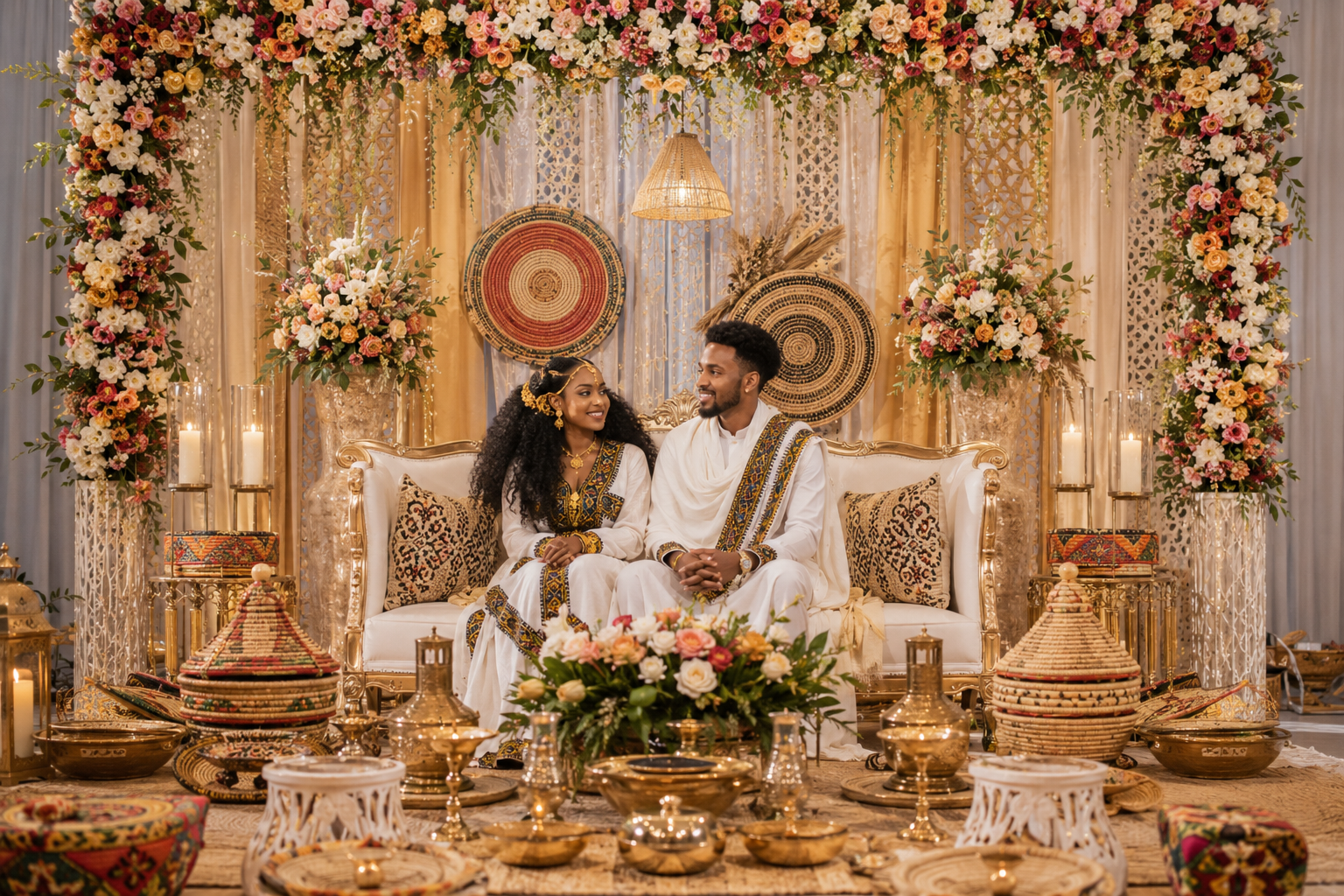 A couple dressed in traditional Indian attire sitting on a luxurious sofa in a decorated wedding setting with flowers, candles, and ornate decorations.