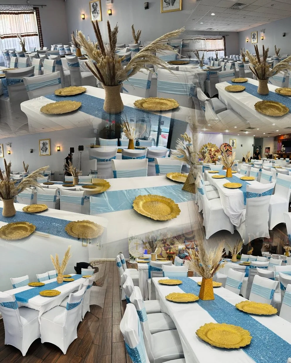 Elegant banquet hall decorated with white tables and chairs, blue table runners, gold plates, and centerpieces of dried pampas grass in vases, prepared for a celebration or event.