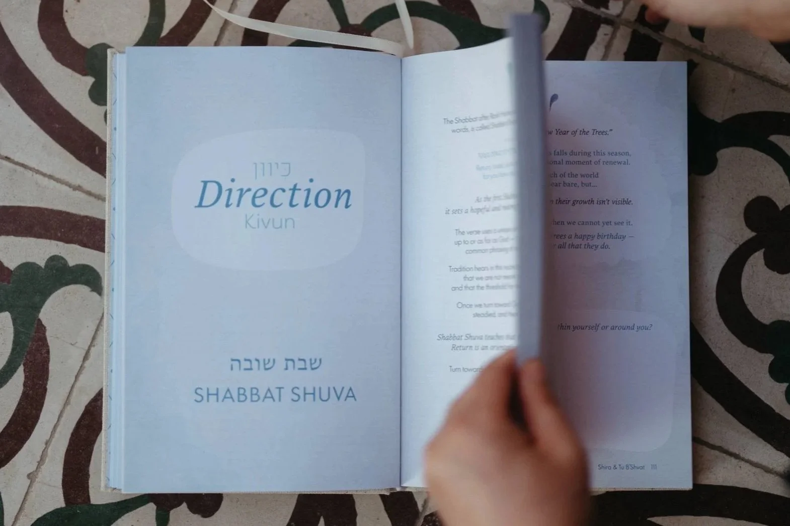 SHAVUA Jewish journal by Dalia Youngerwood.  Sample page that says Direction Kivun' and 'Shabbat Shuva' in English, Hebrew, and transliteration.