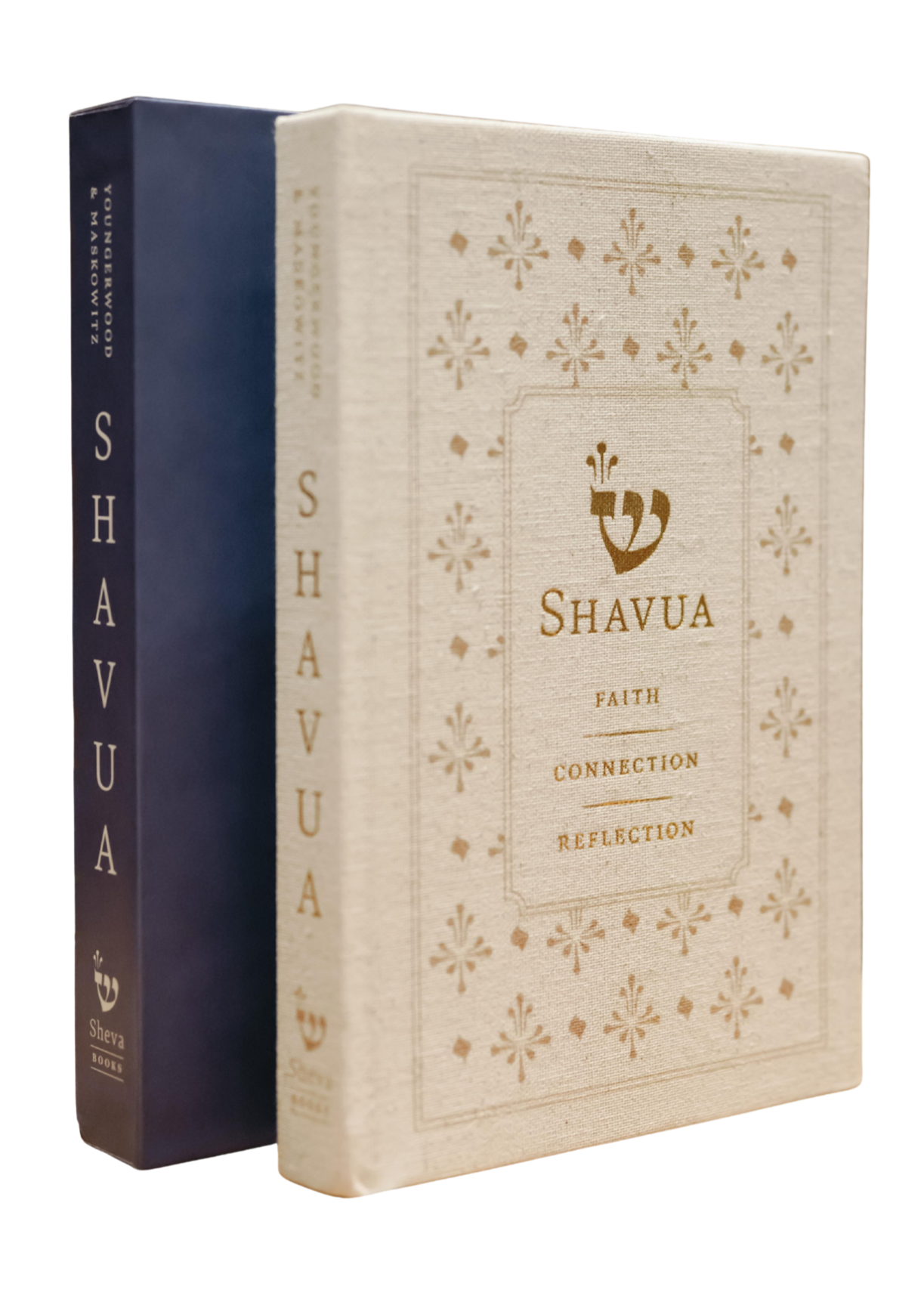 A beige book with gold lettering and patterns titled 'Shavua' and a dark blue book with white lettering titled 'Shavua' behind it.