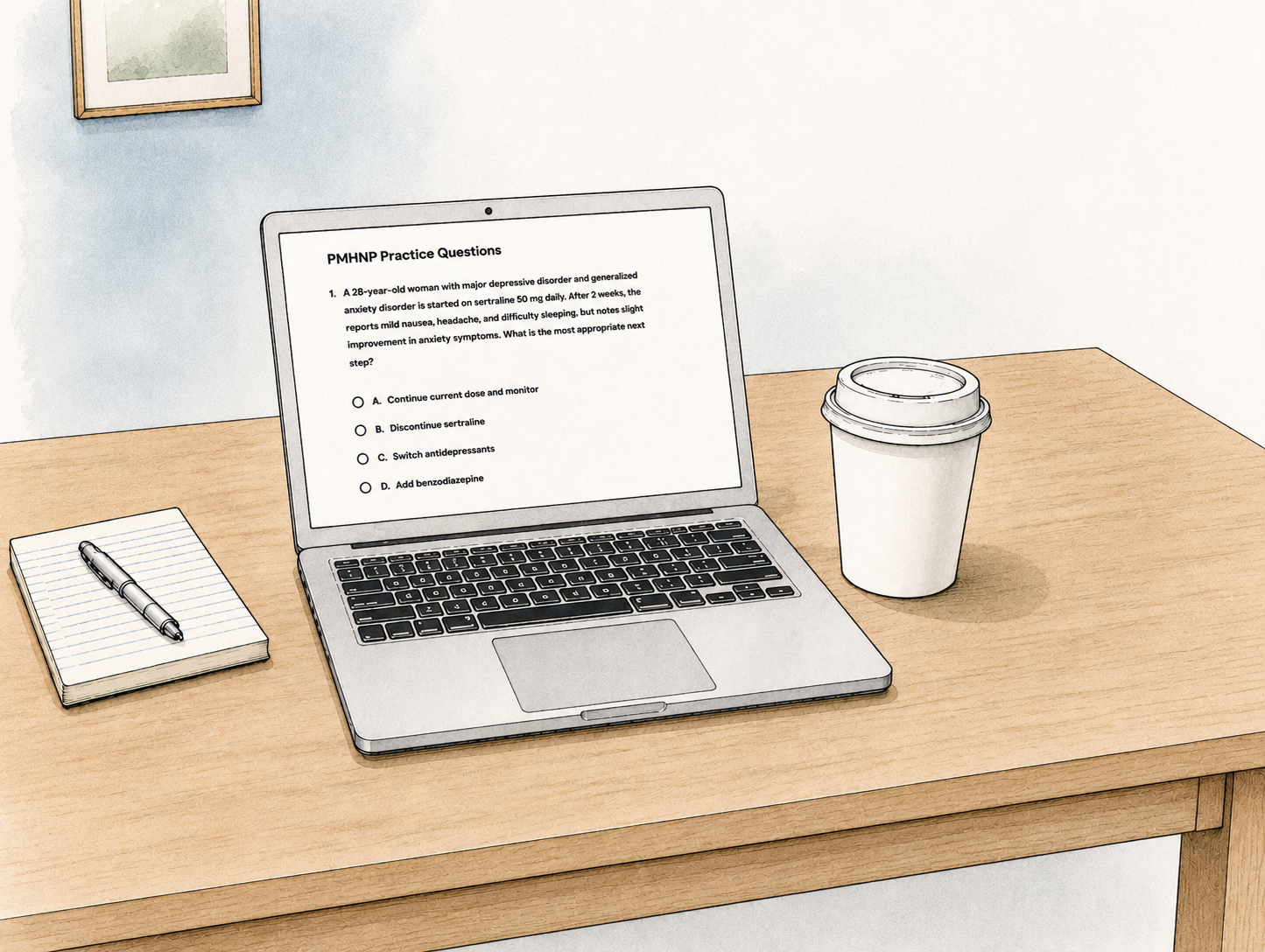 PMHNP board exam study setup showing ANCC practice questions on a laptop with study notes and coffee for exam preparation.