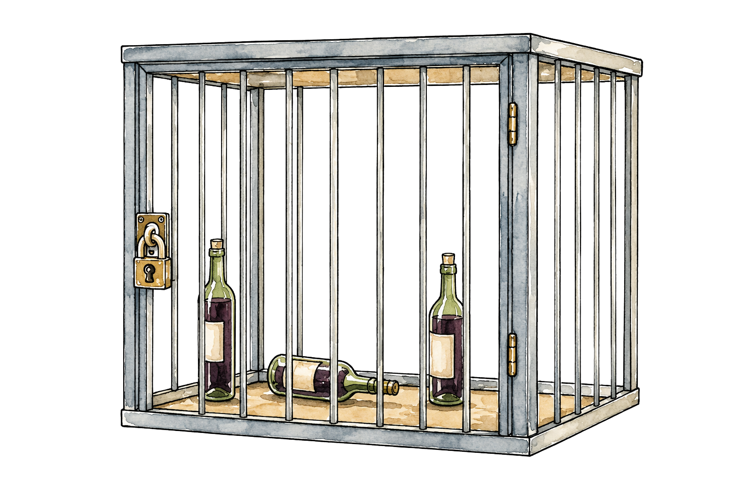 Watercolor illustration of alcohol bottles locked inside a cage, symbolizing alcohol dependence and the CAGE screening questionnaire for alcohol use disorder.
