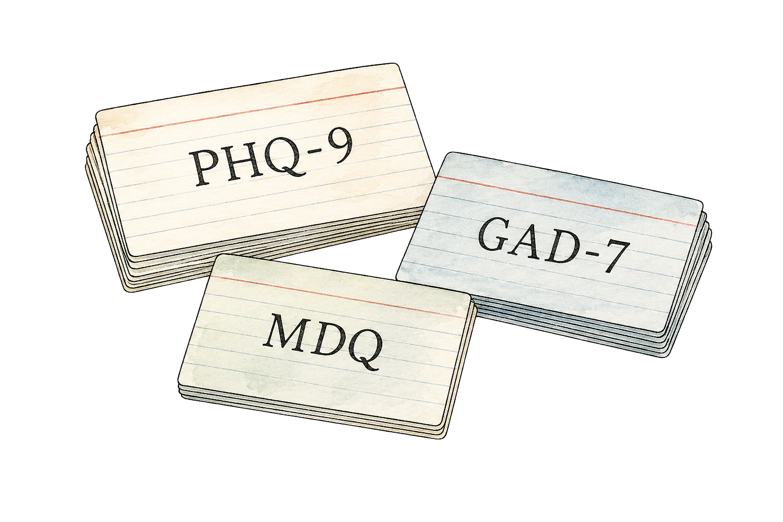 Vintage medical textbook illustration of study flashcards representing PMHNP board exam preparation and memorization of psychiatric screening tool cutoffs.