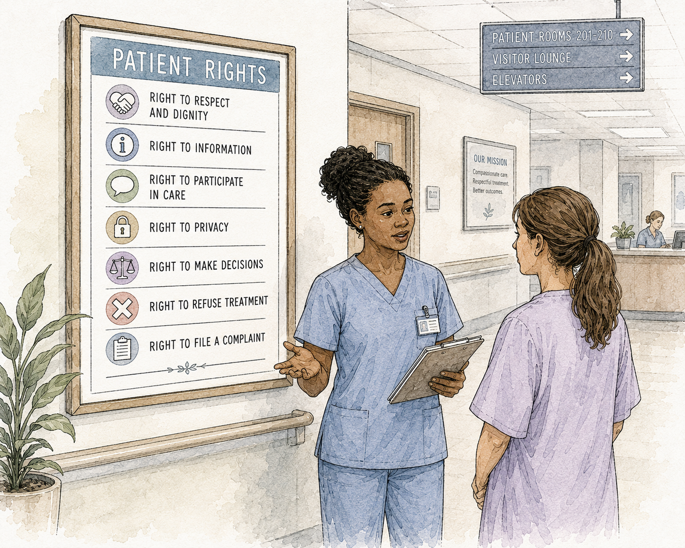 Psychiatric nurse practitioner with a patient in a hospital hallway, representing patient rights during involuntary hospitalization.