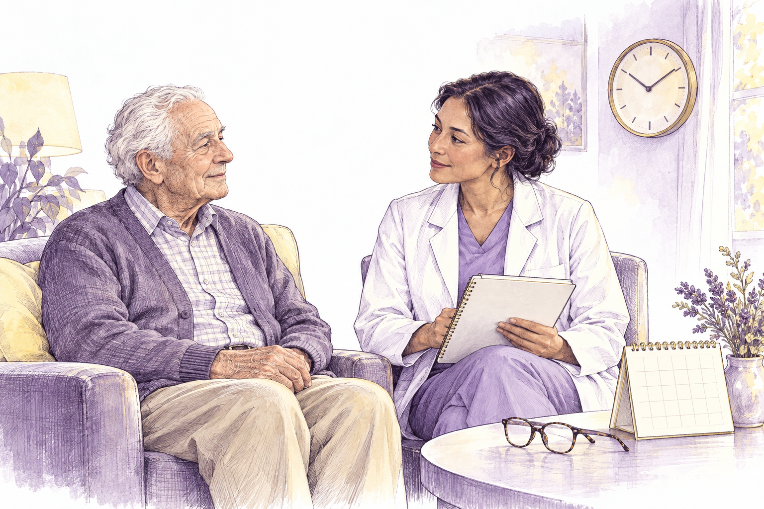 Vintage ink and watercolor illustration of an older adult with a clinician, clock, calendar, and eyeglasses, emphasizing attention and change from baseline.