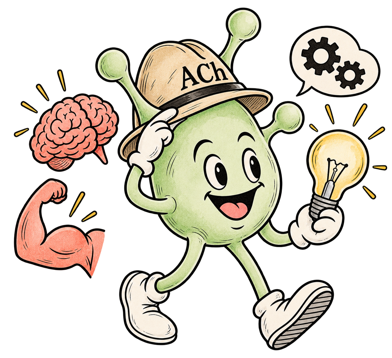 Acetylcholine neurotransmitter character representing memory, learning, attention, and anticholinergic effects for psych NP and ANCC PMHNP board exam review.