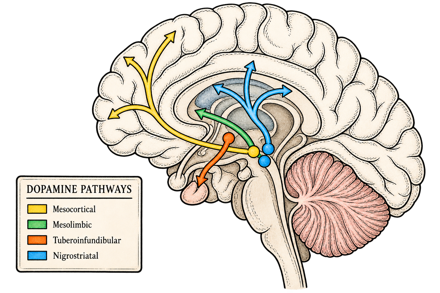 Four dopamine pathways illustration showing mesolimbic, mesocortical, nigrostriatal, and tuberoinfundibular pathways for ANCC PMHNP board exam review.