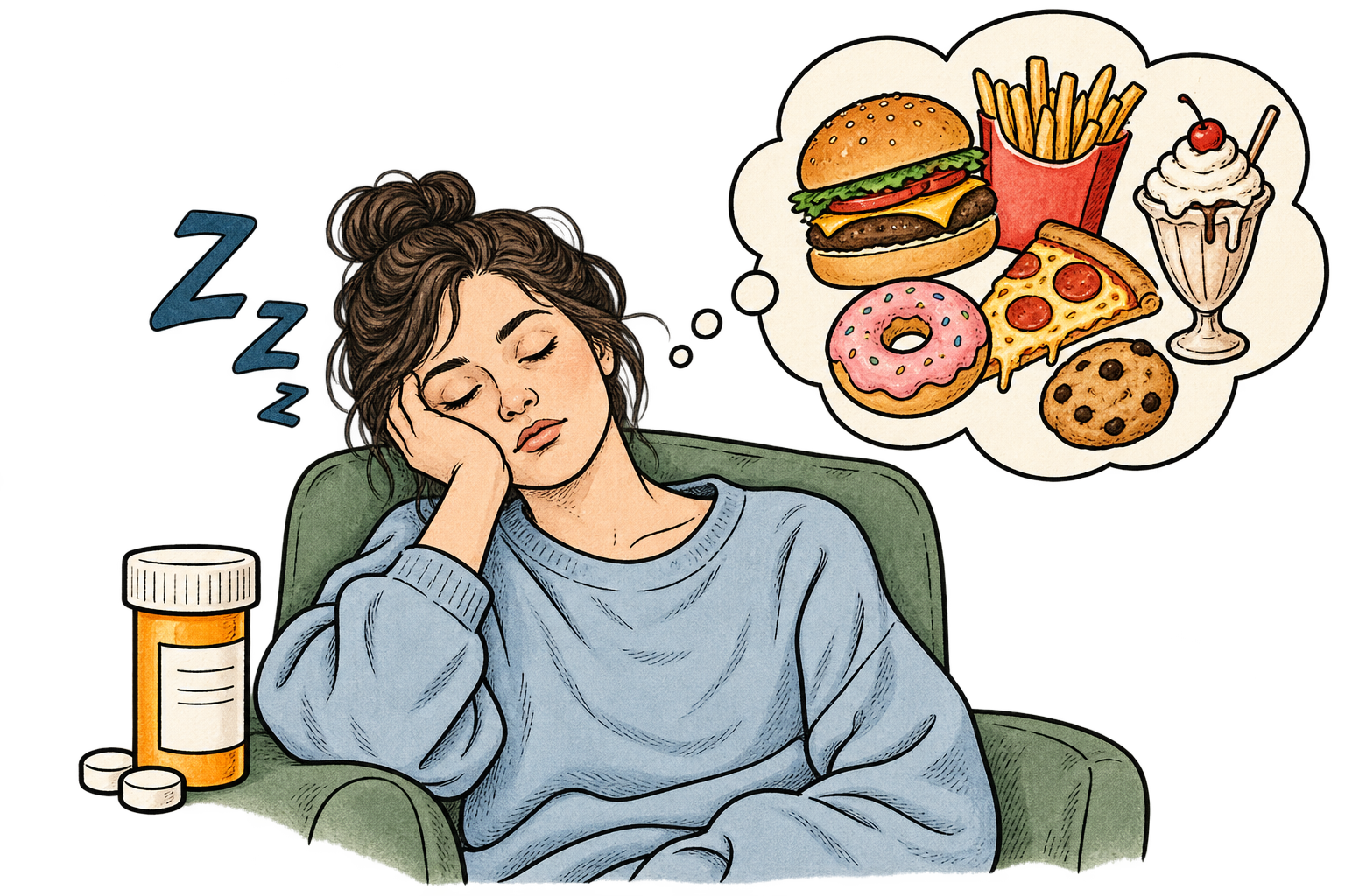 Patient feeling sleepy and hungry after medication use, representing histamine H1 blockade causing sedation and increased appetite for psych NP and ANCC PMHNP board exam review.