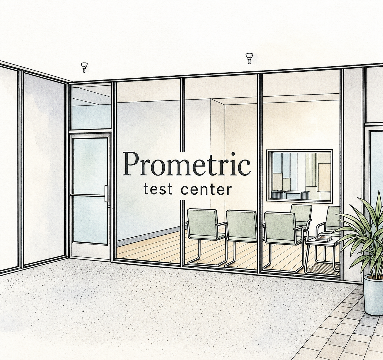 “Illustration of a Prometric testing center waiting room for the PMHNP board exam, showing the check-in area and seating before exam day.”