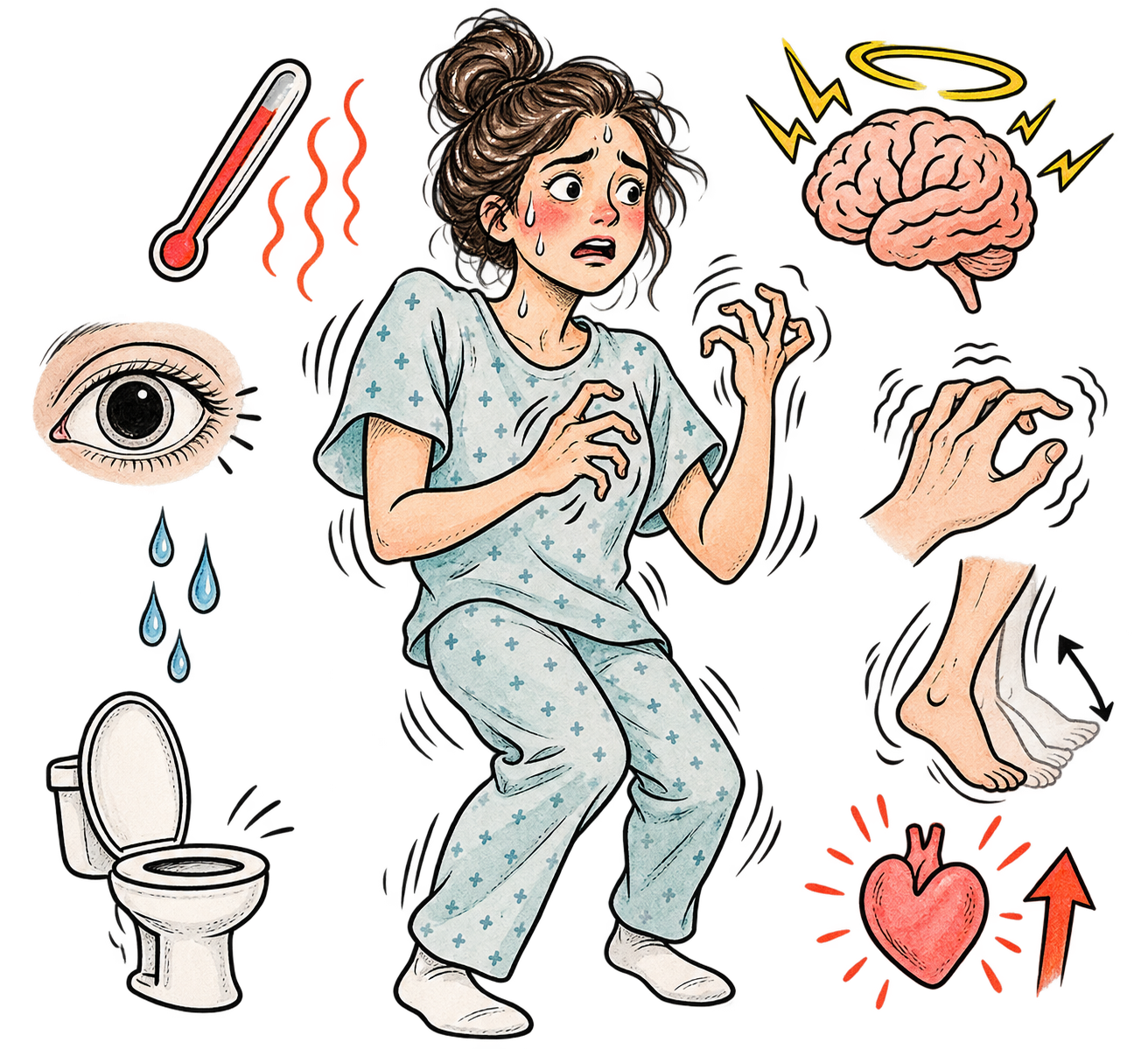 Serotonin syndrome illustration showing medication-related excessive serotonergic activity and key warning signs for psych NP and ANCC PMHNP board exam review.
