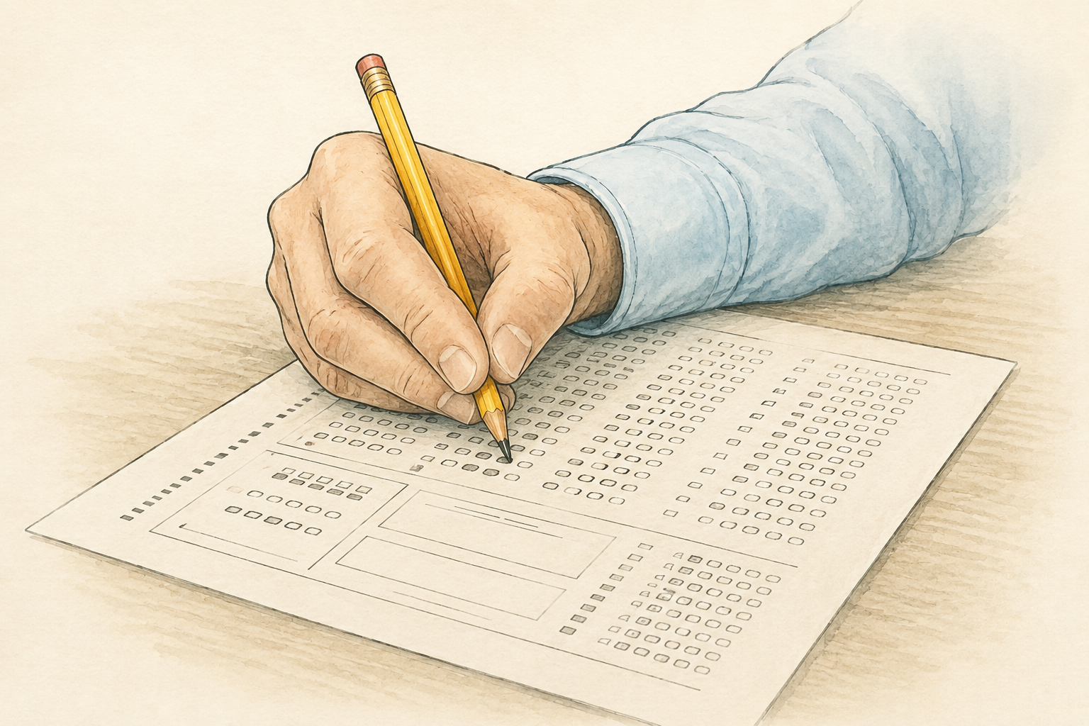 Illustration of a student completing a multiple-choice practice exam, representing PMHNP board exam preparation, practice questions, and ANCC certification review.