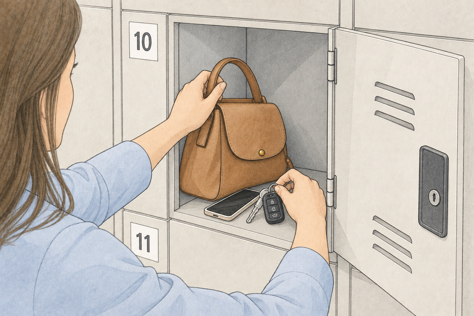 Woman placing a purse and keys into a secure locker before entering a Prometric testing room for the ANCC PMHNP board exam.