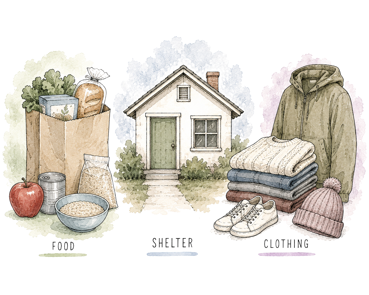 Food, clothing, and shelter representing basic needs used to assess grave disability in involuntary psychiatric hospitalization.