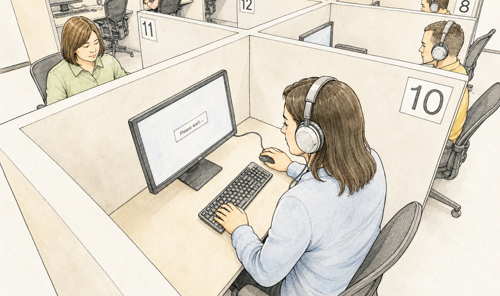 Vintage medical textbook illustration of a woman wearing headphones and taking the PMHNP board exam on a computer at a Prometric testing center.
