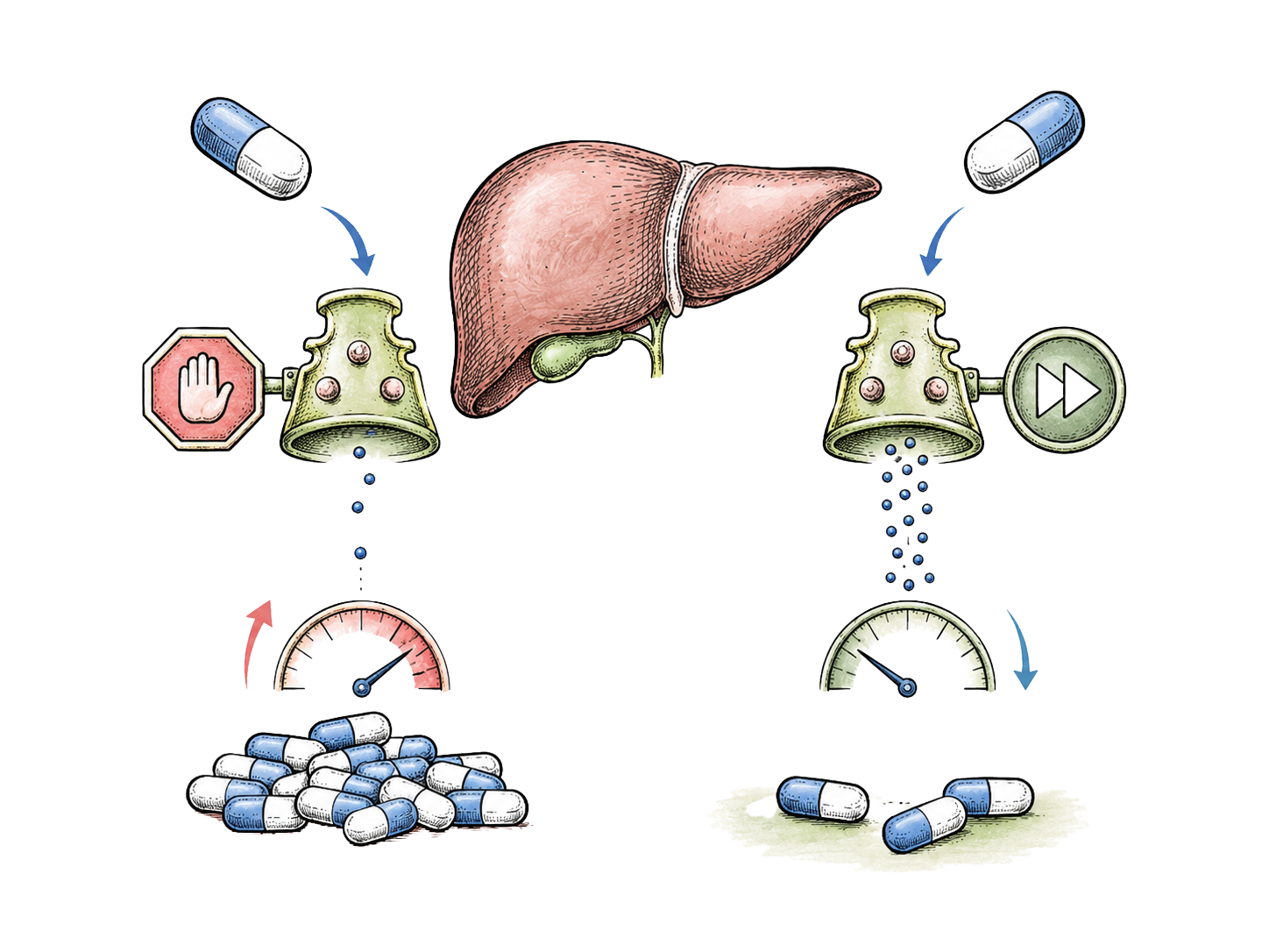 Medication metabolism illustration showing liver drug metabolism and pharmacokinetic pathways for ANCC PMHNP board exam review.