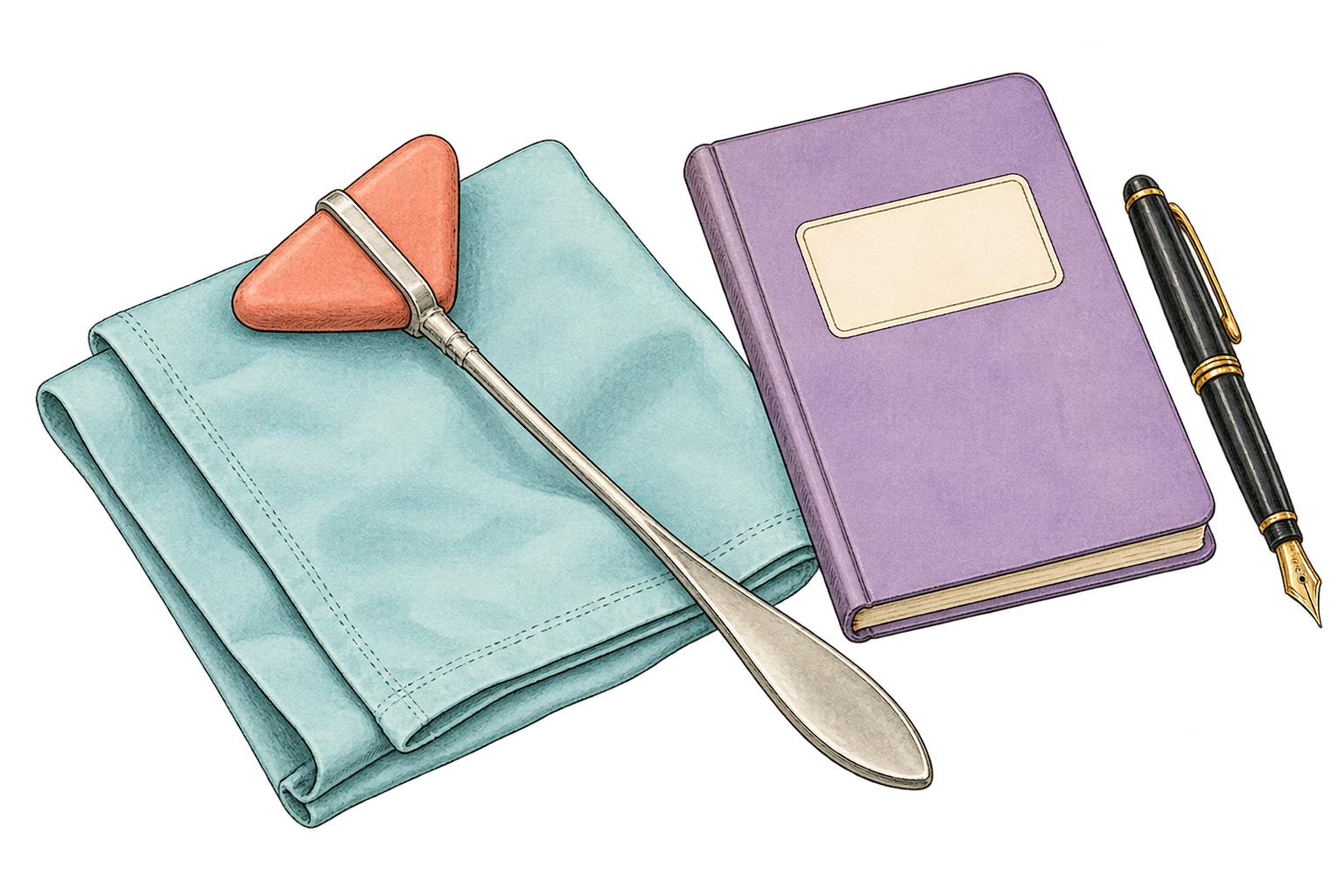Vintage illustration of a reflex hammer on an examination cloth beside a clinical notebook and pen.