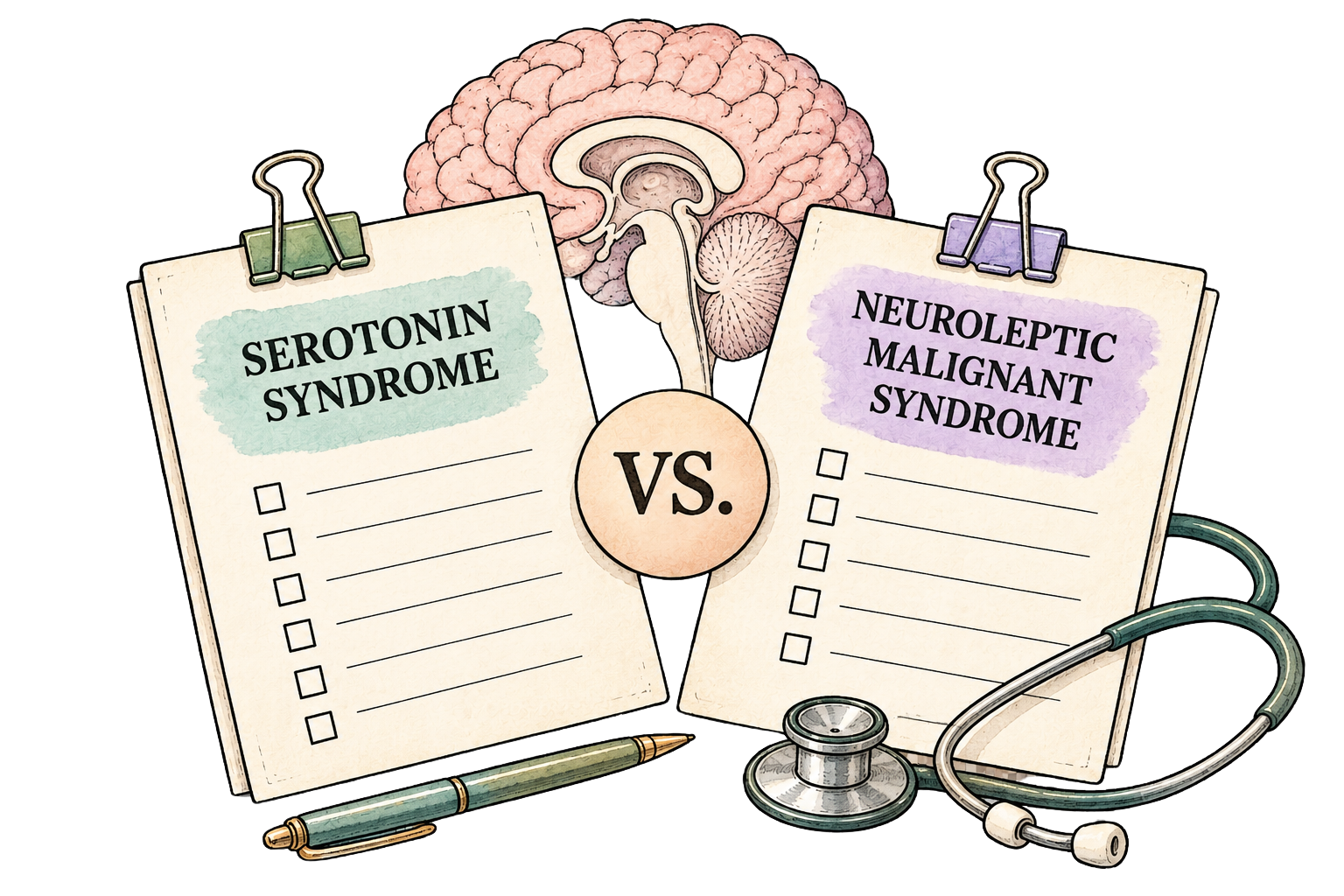 Two clipboards comparing serotonin syndrome vs neuroleptic malignant syndrome, highlighting key symptoms and differences for psych NP and ANCC PMHNP board exam review.