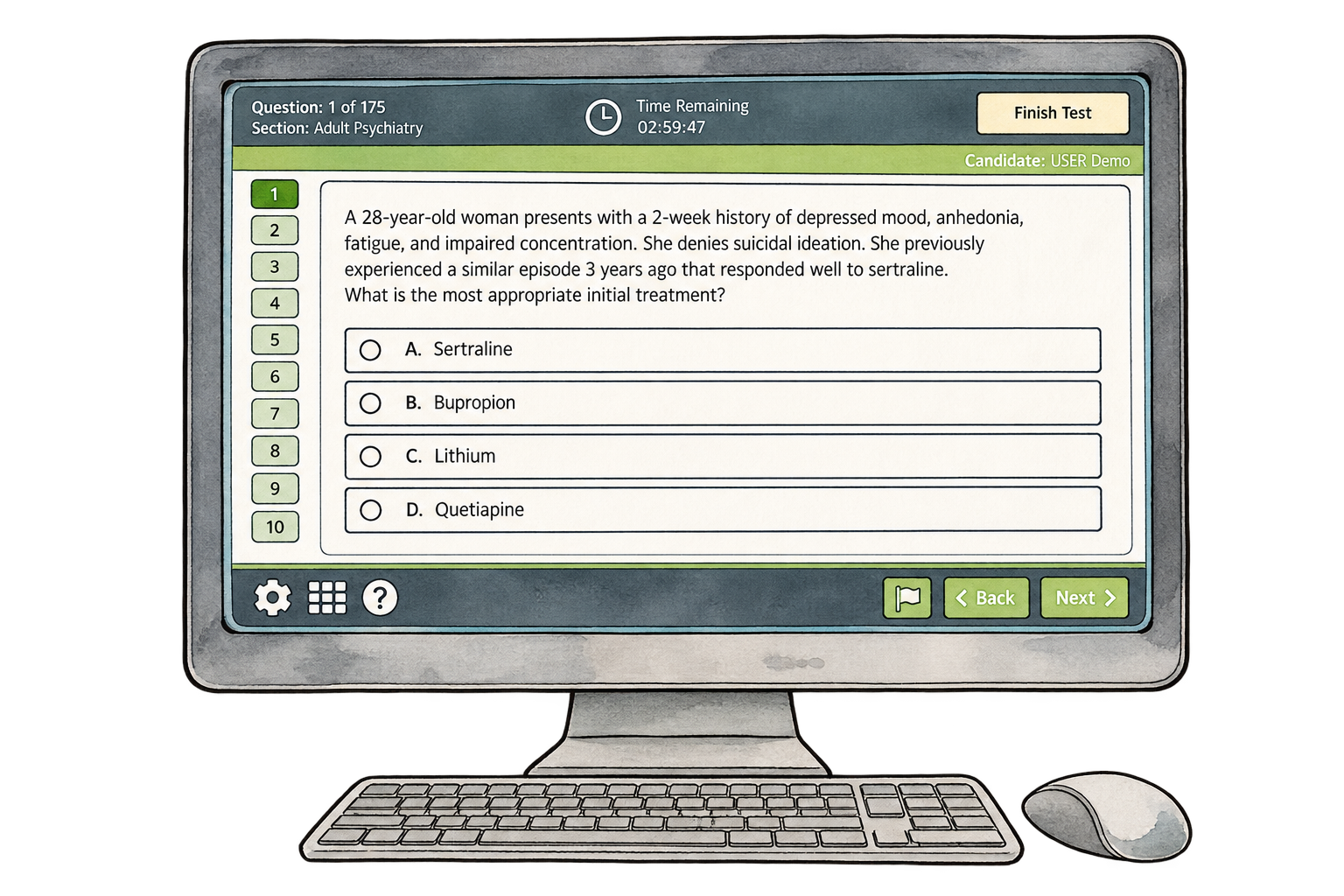 Computer screen displaying the ANCC PMHNP board exam at a Prometric testing center for psych NP exam preparation.