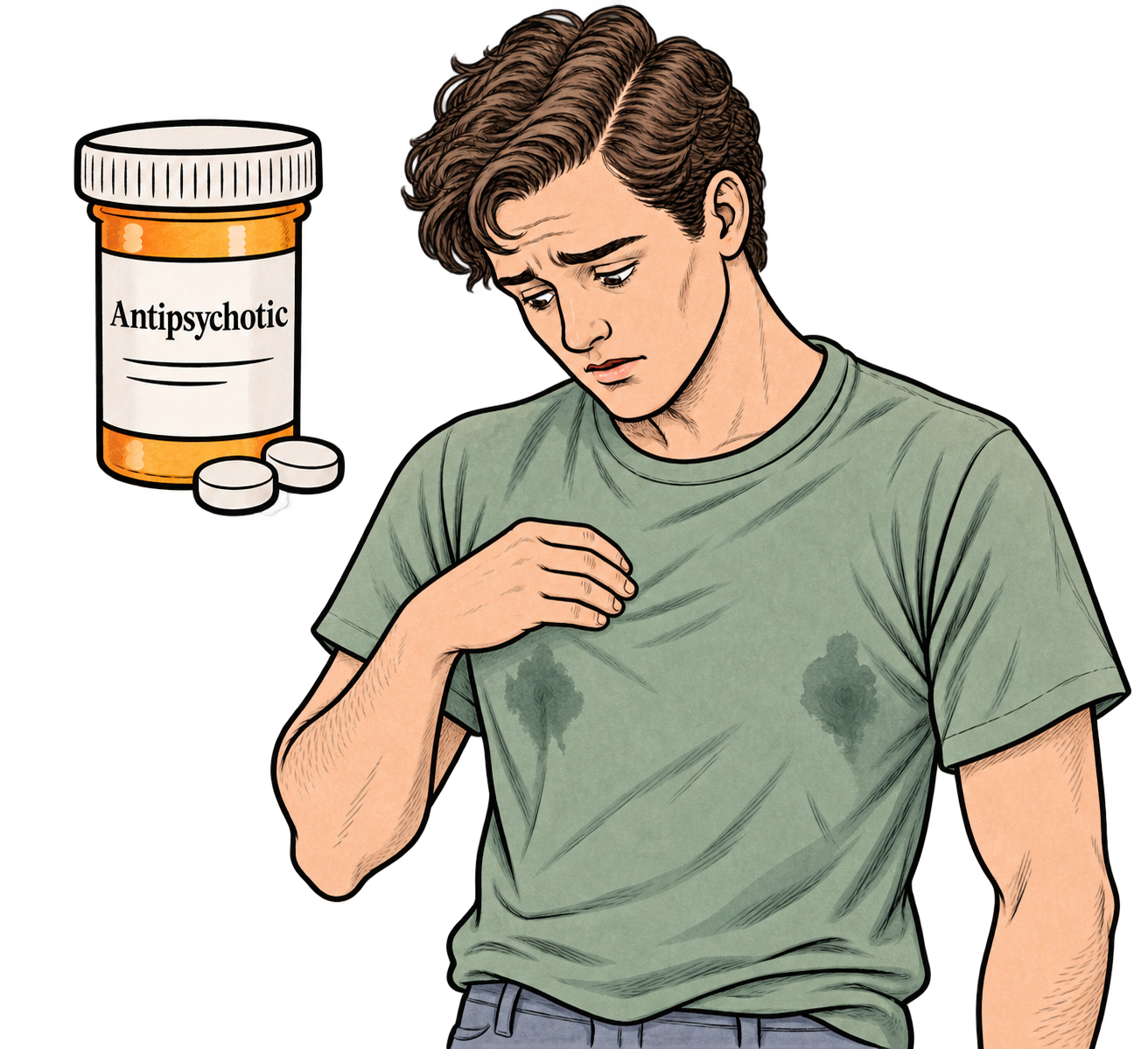 Patient with galactorrhea after starting an antipsychotic, representing hyperprolactinemia from tuberoinfundibular dopamine blockade for psych NP and ANCC PMHNP board exam review.