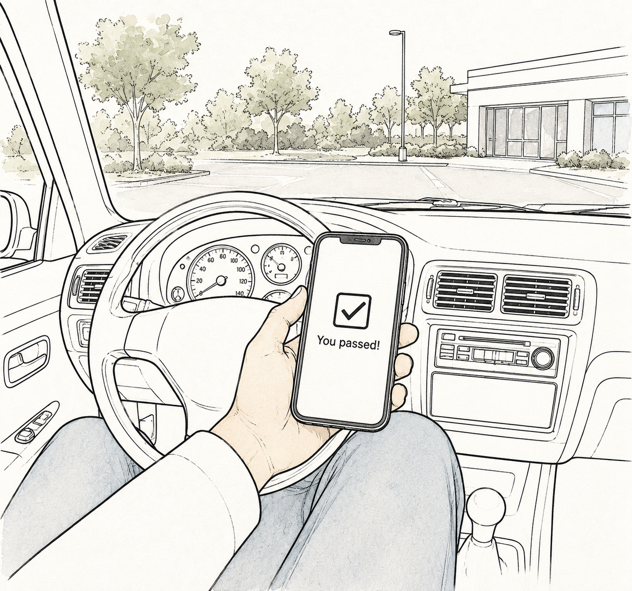 Person checking PMHNP exam results in a car after leaving a Prometric testing center, showing a ‘You passed’ message on a phone screen after the board exam.