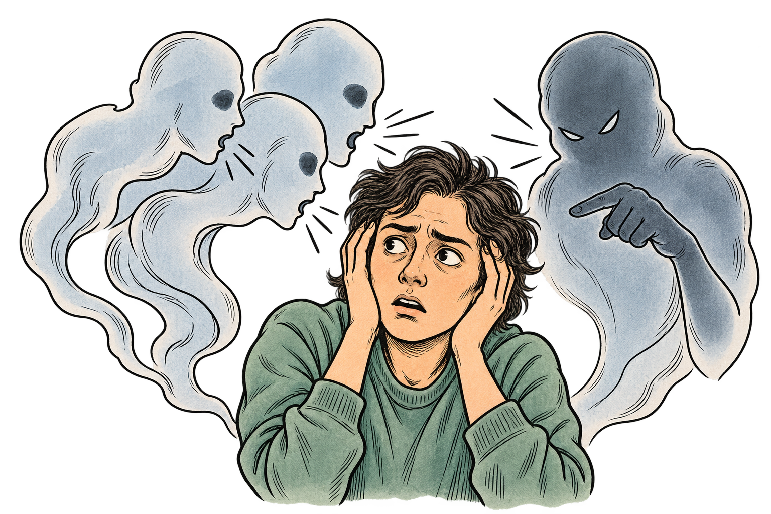 Patient experiencing hallucinations and paranoia representing positive symptoms of psychosis linked to mesolimbic dopamine activity for psych NP and ANCC PMHNP board exam review.