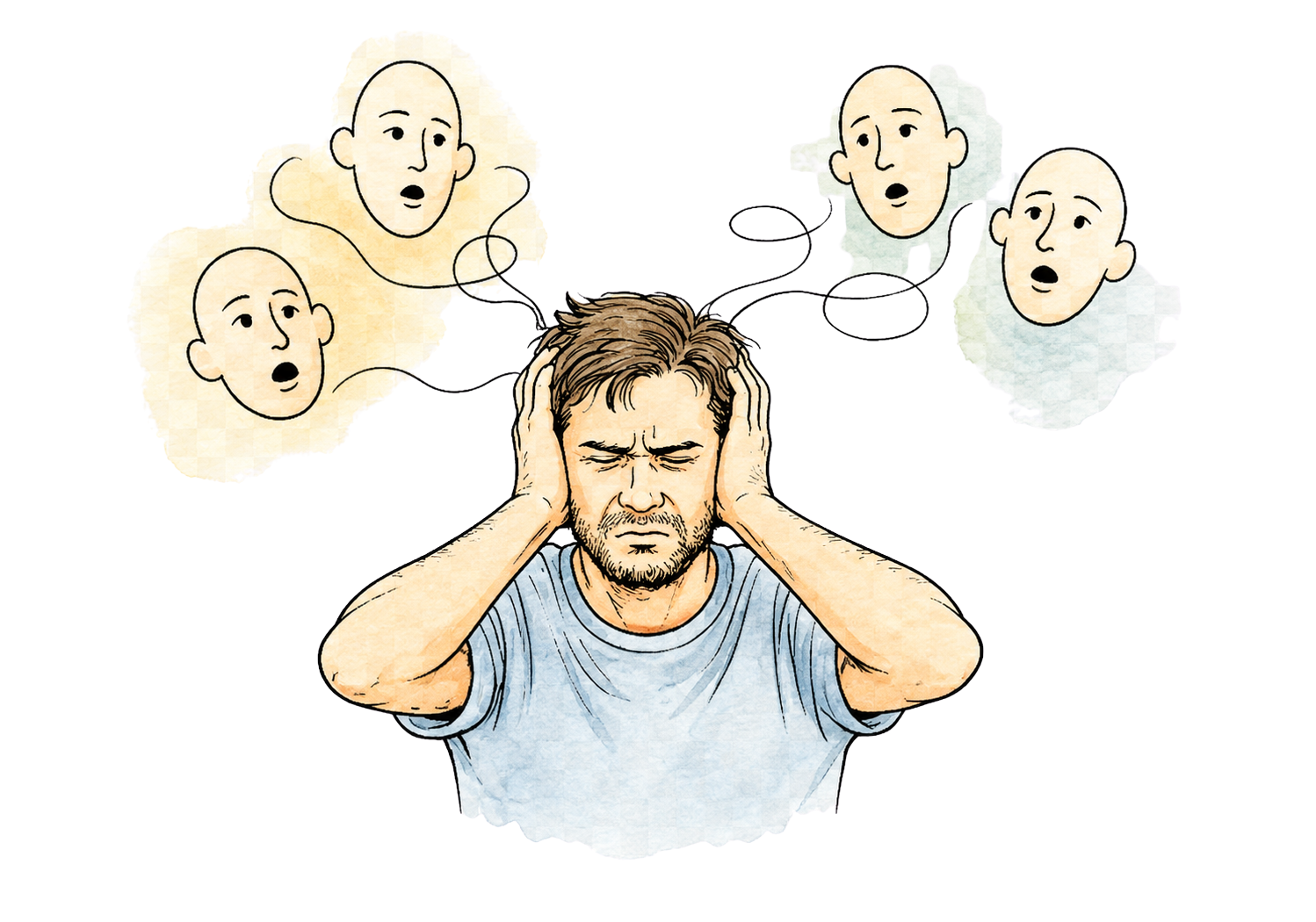 Illustration of a patient experiencing auditory hallucinations, a symptom commonly assessed during the mental status exam in psychiatric evaluation.