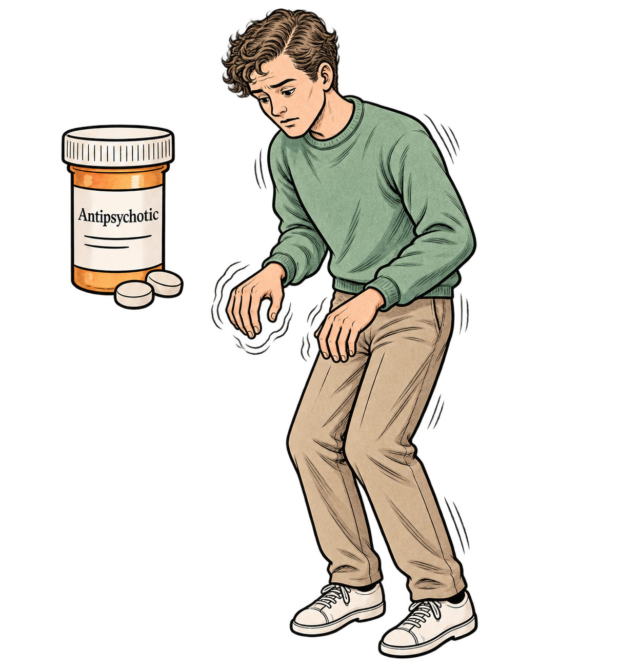 Patient with tremor after starting an antipsychotic, representing extrapyramidal symptoms from nigrostriatal dopamine blockade for psych NP and ANCC PMHNP board exam review.