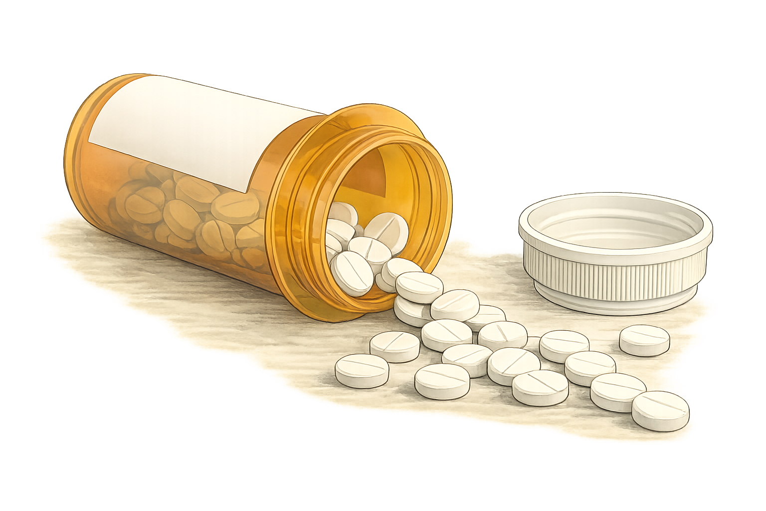 Illustration of a prescription pill bottle and medication tablets representing psychopharmacology, psychiatric medications, and PMHNP board exam preparation.