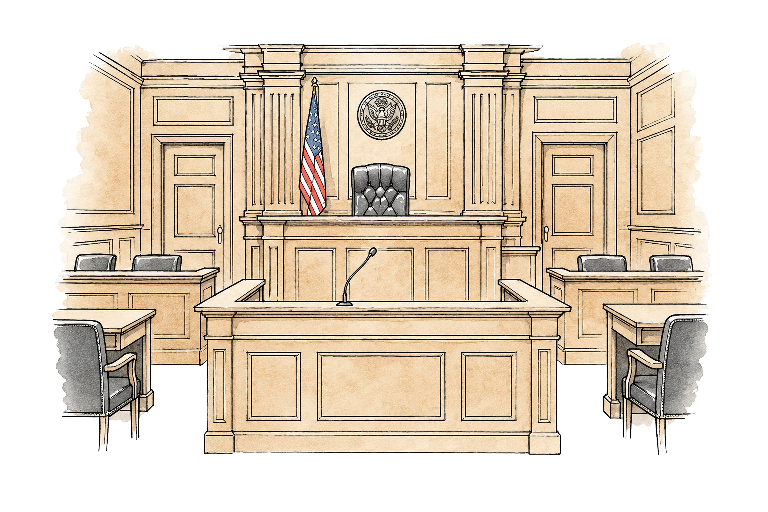 Courtroom illustration representing the Rennie v. Klein legal case and informed consent concepts tested on the ANCC PMHNP board exam.