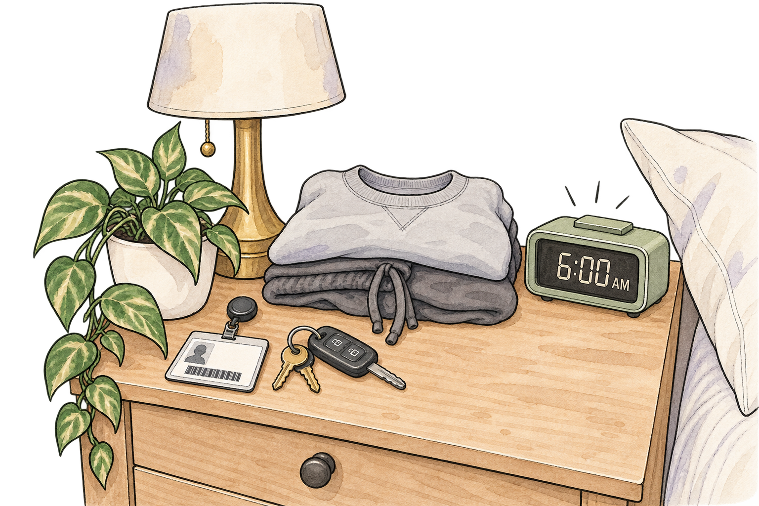 Nightstand prepared for ANCC PMHNP exam day with identification, keys, clothes, alarm clock, and other essentials organized the night before.