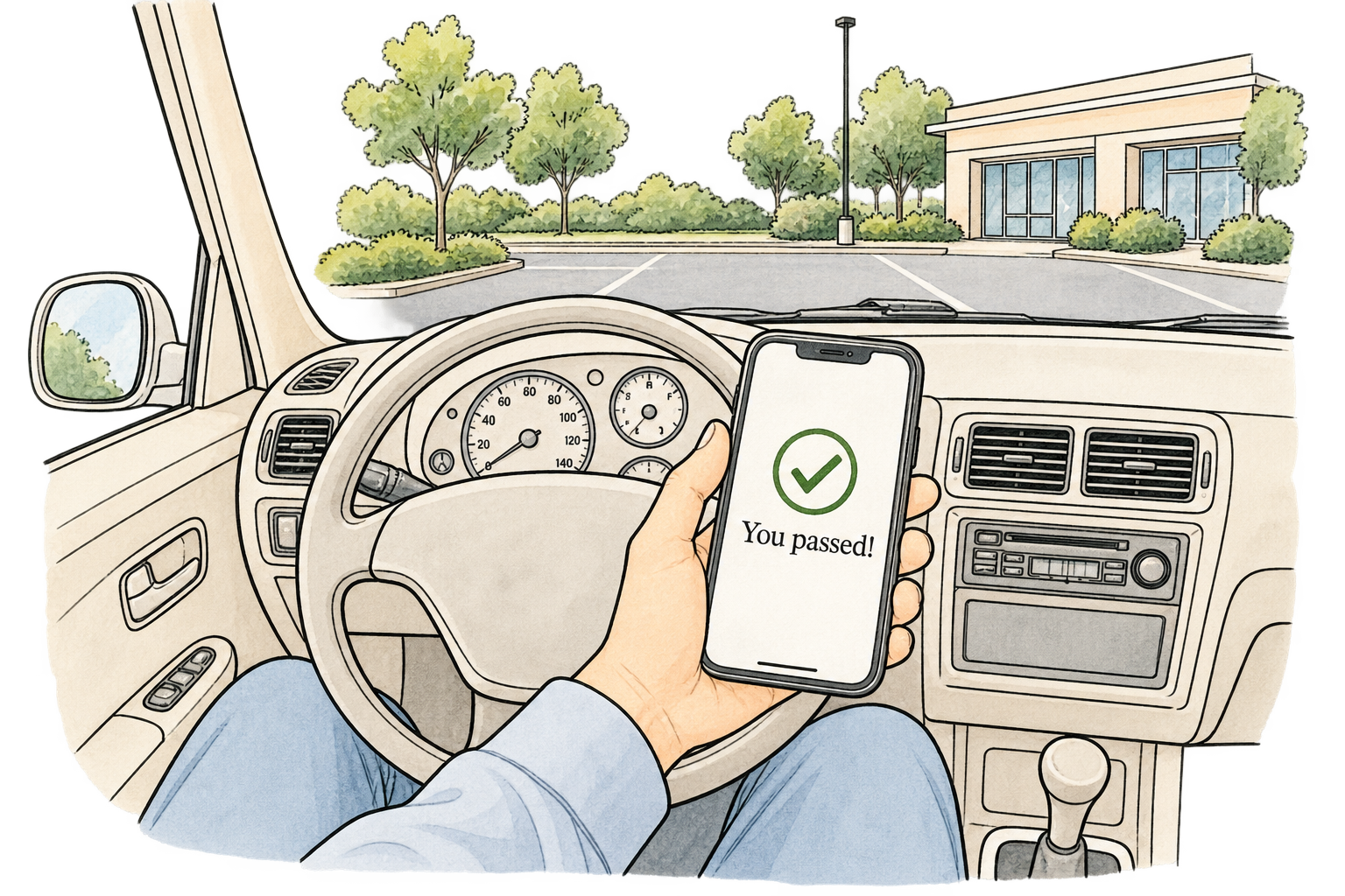 PMHNP candidate holding up a phone showing a “You passed” result after completing the ANCC board exam at a Prometric testing center.