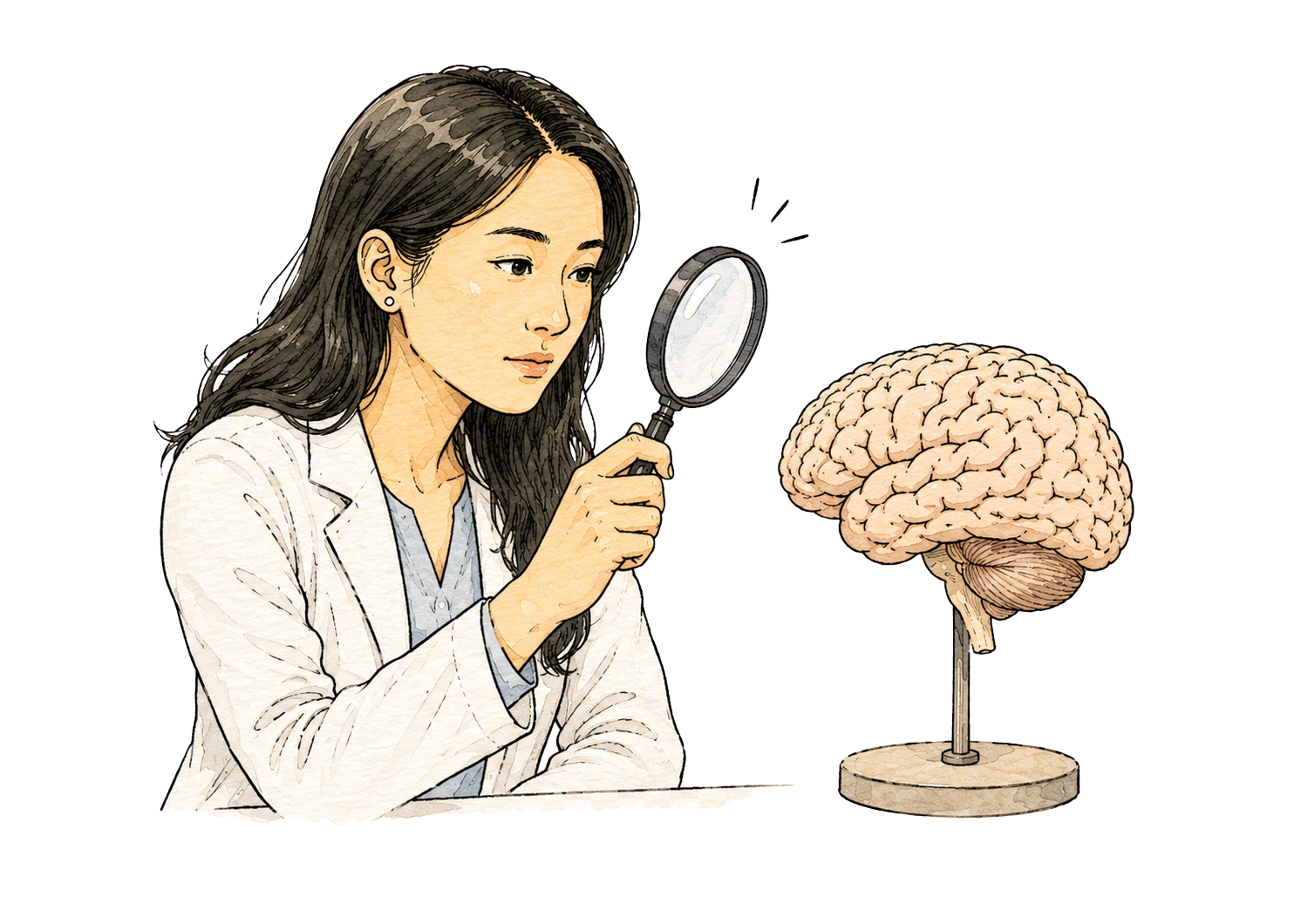 Illustration of a clinician examining a brain with a magnifying glass, representing the mental status exam (MSE) used in psychiatric assessment.