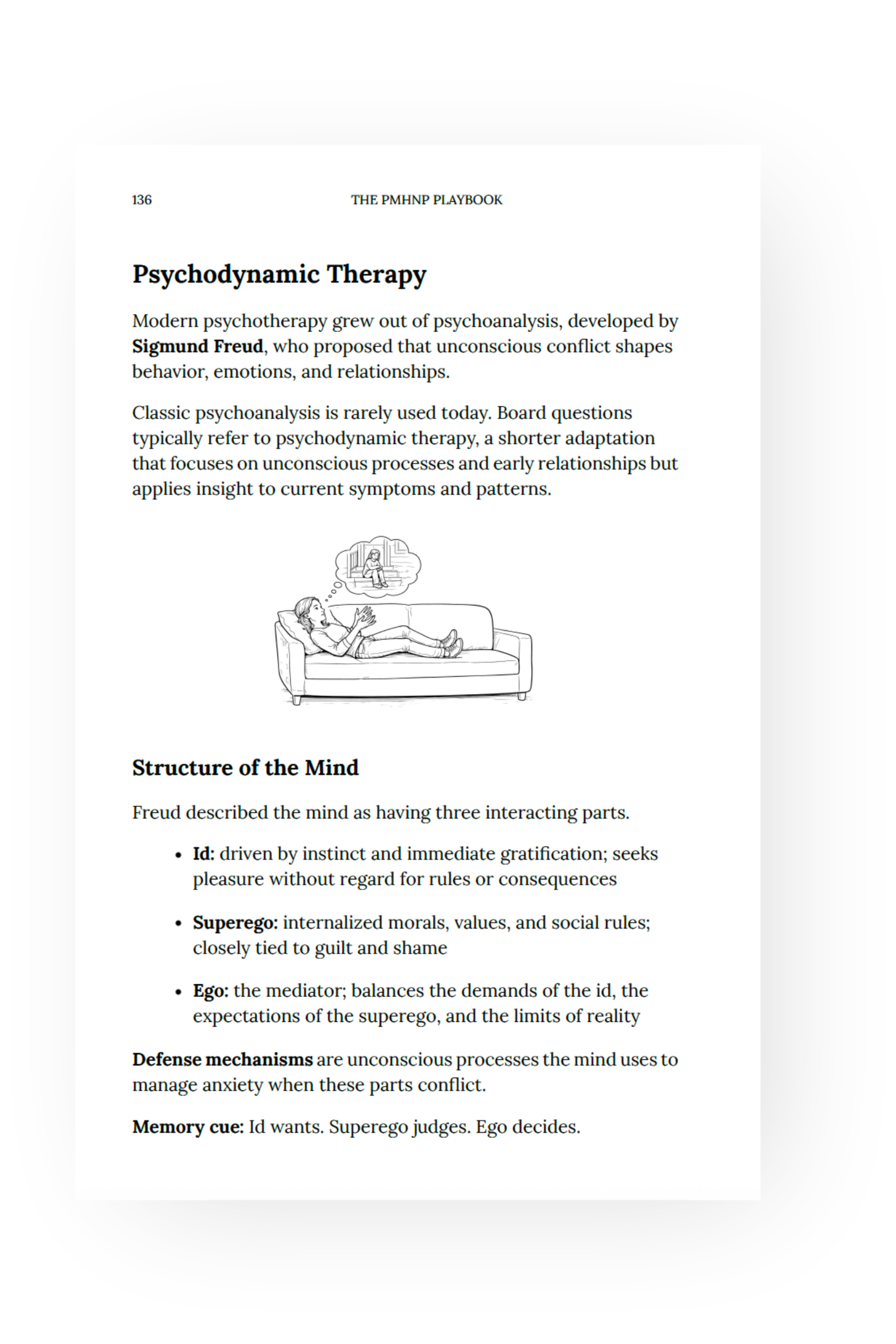 PMHNP psychotherapy review page covering psychodynamic therapy concepts and psychiatric treatment approaches.