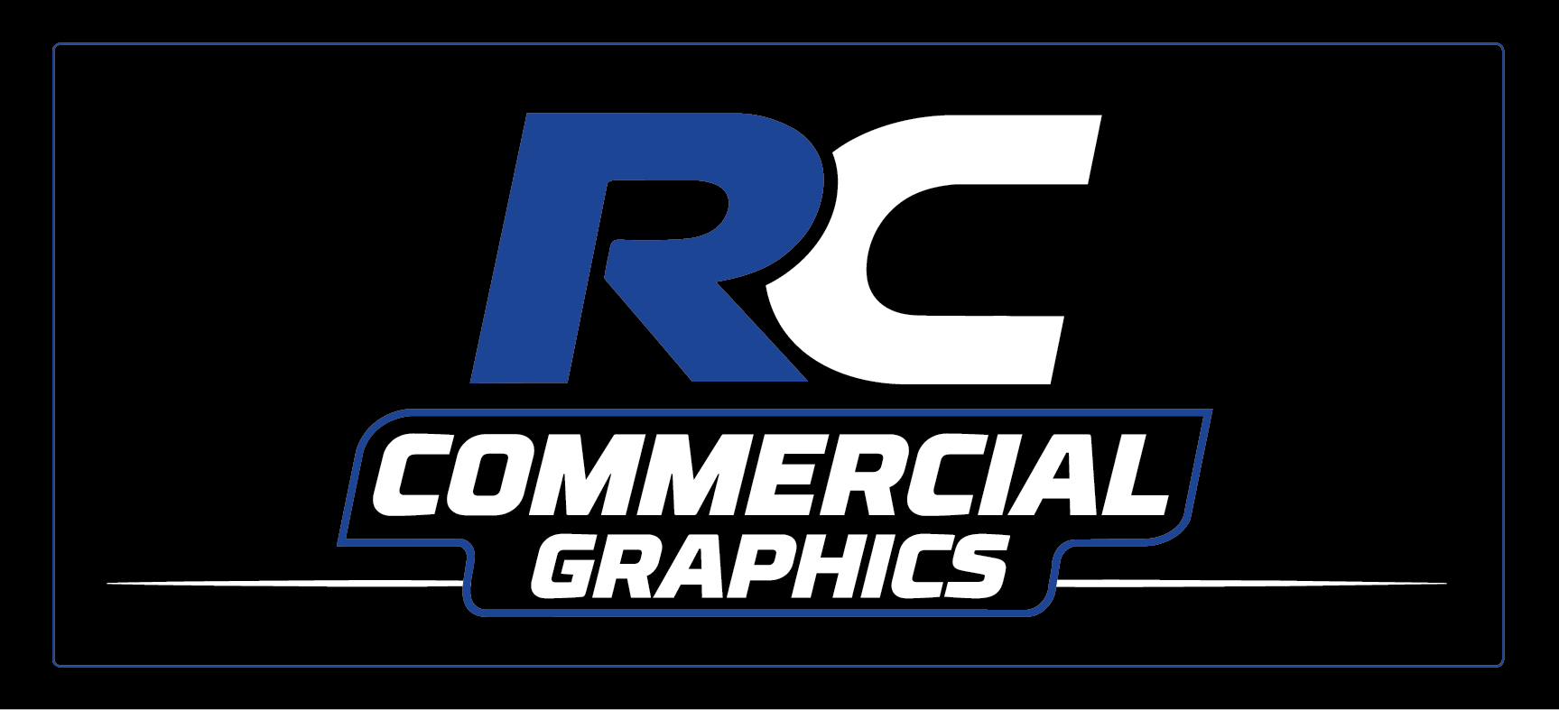 Logo with text 'RC Commercial Graphics' on a black background, featuring stylized blue, white, and black lettering.
