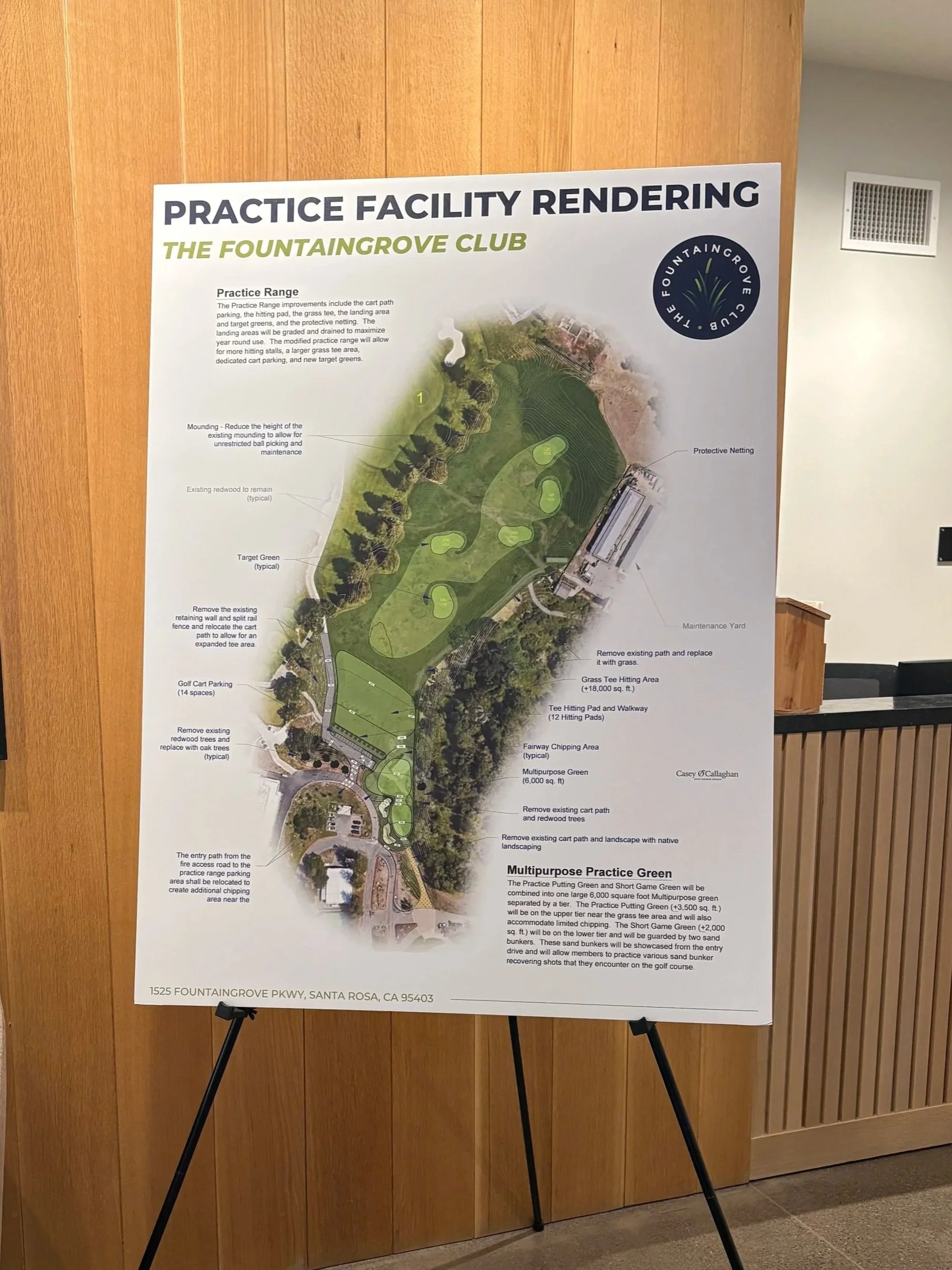 Sign board displaying a plan for a practice facility renovation at The Fountaingrove Club golf course, Santa Rosa, California. The plan includes updated golf areas like greens, tee boxes, cart parking, and landscaping, with specific features such as a multipurpose practice green, short game green, and various practice areas.