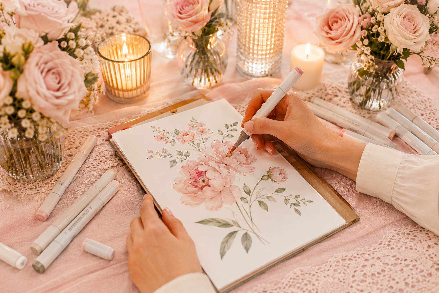 A person illustrating a floral design in a sketchbook surrounded by candles and pink roses.
