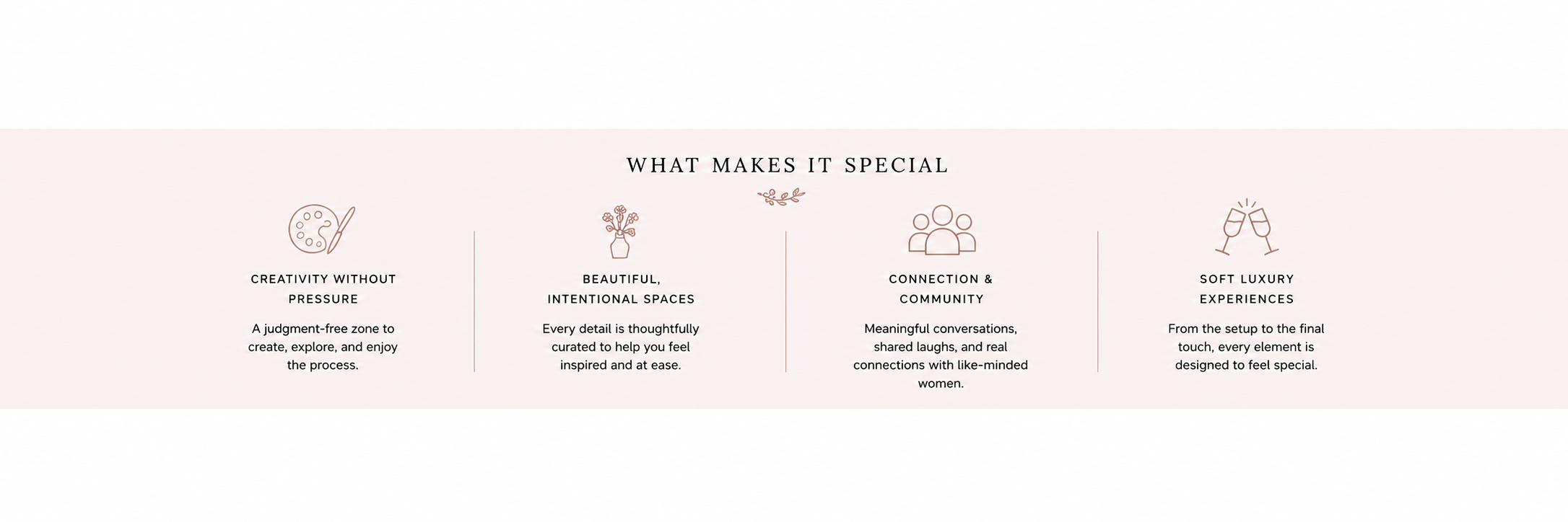 An infographic titled 'What makes it special' listing four features: creativity without pressure, beautiful, intentional spaces, connection and community, and soft luxury experiences, each with an icon and description.