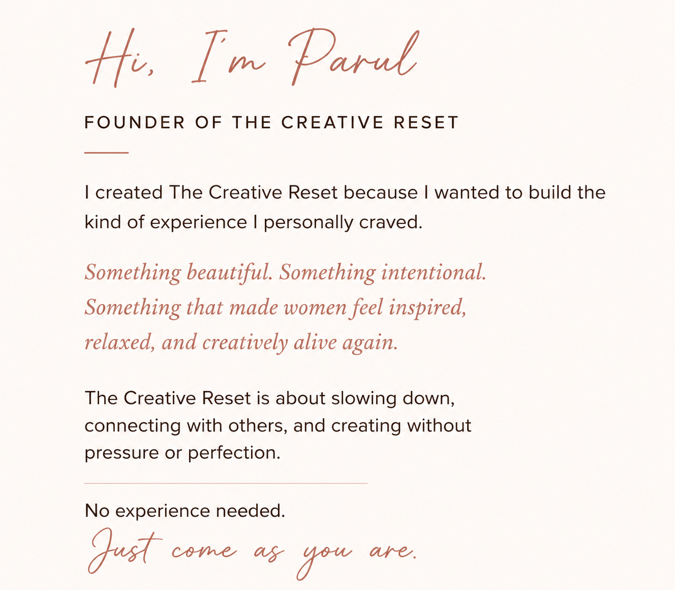 A personal introduction from Parul, founder of The Creative Reset, explaining the purpose of building community and encouraging self-acceptance and slowing down.