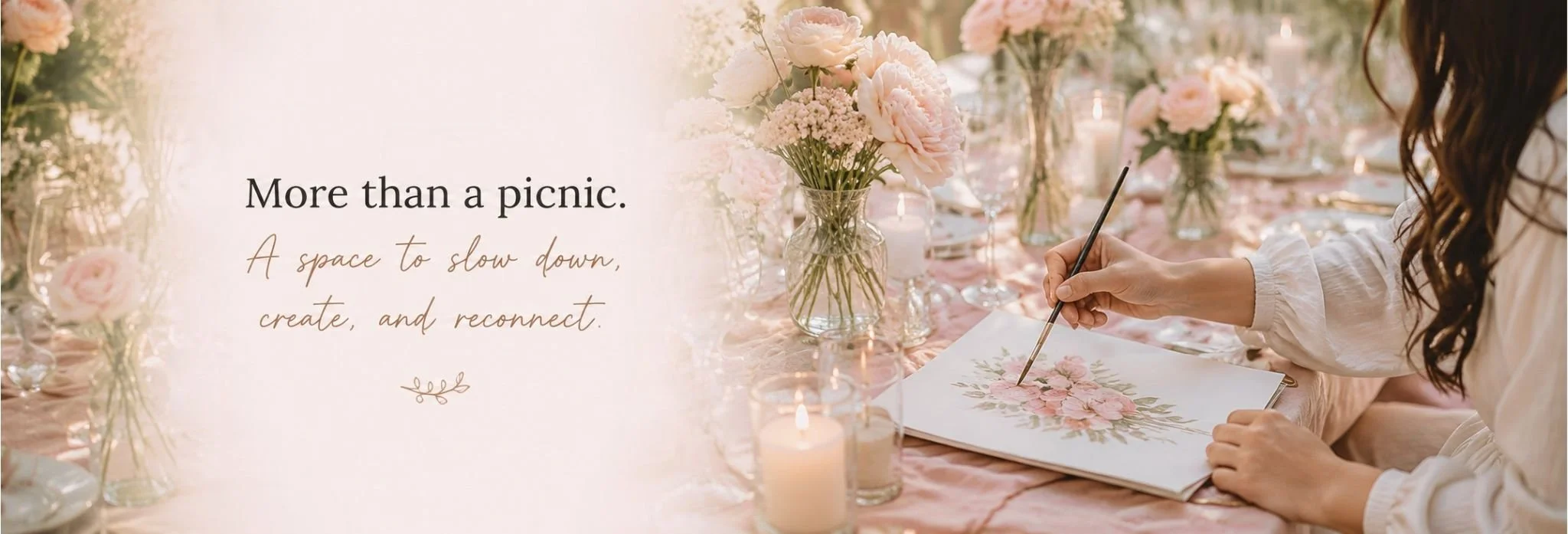 A woman painting a floral picture in a guest or event venue with pink flowers in vases and candles on the table, with text that reads 'More than a picnic. A space to slow down, create, and reconnect.'