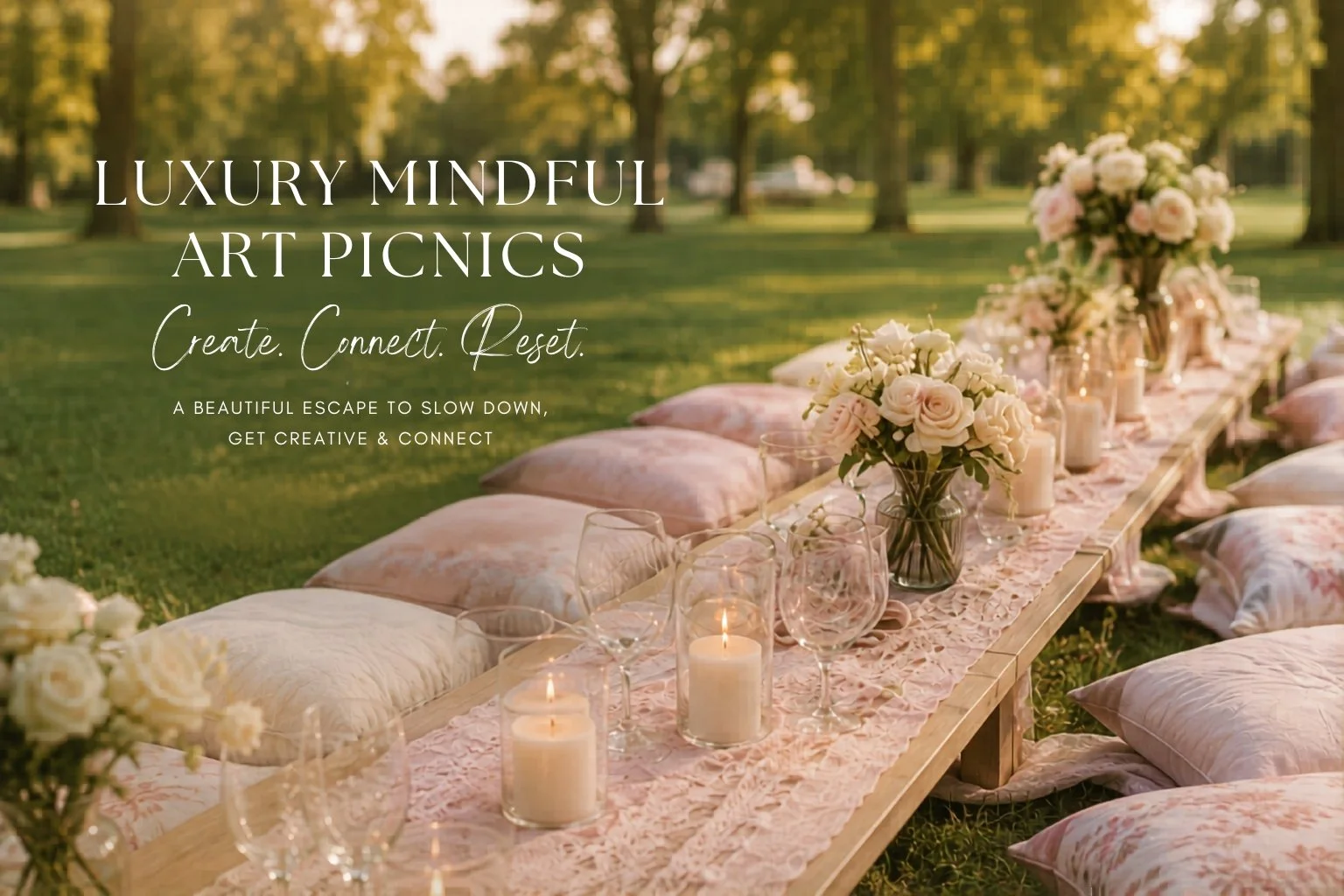 Outdoor picnic setup with long wooden table decorated with pink and white floral arrangements, candles, and cushions on the ground, set in a lush green park with trees, in warm sunlight.