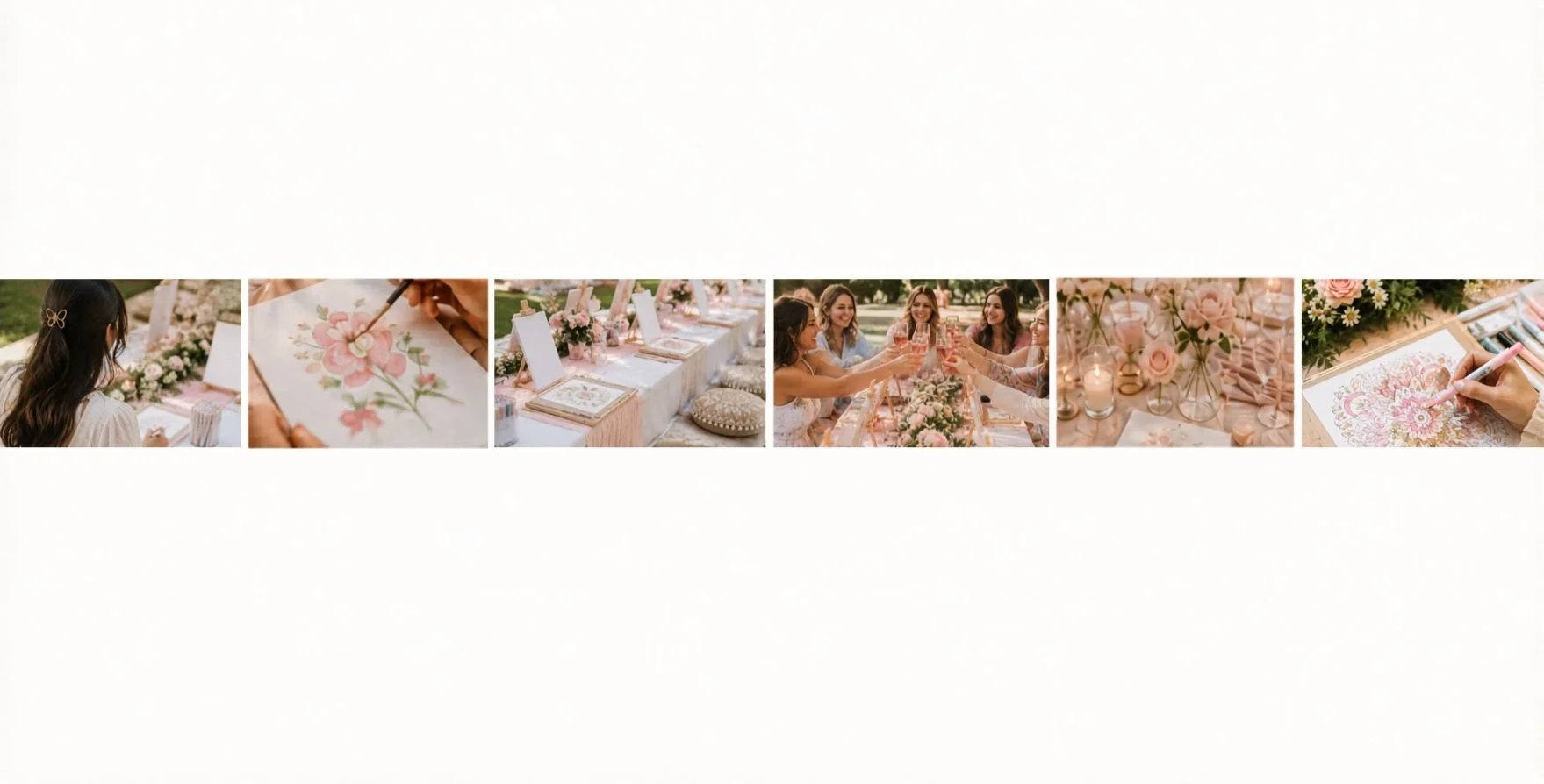 A sequence of images showing a floral-themed wedding or party decoration setup, including table settings with flowers, a woman painting floral designs, women toasting, and decorative vases and floral arrangements.