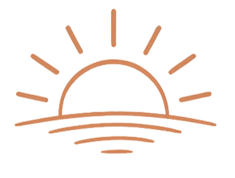 Minimalist illustration of a sunrise with rays and a horizon line.